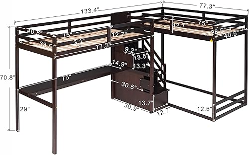 Miniatura 2 de GLORHOME Litera triple en forma de L de madera individual sobre individual con una cama alta de tamaño individual y cabecera y estribo muebles de