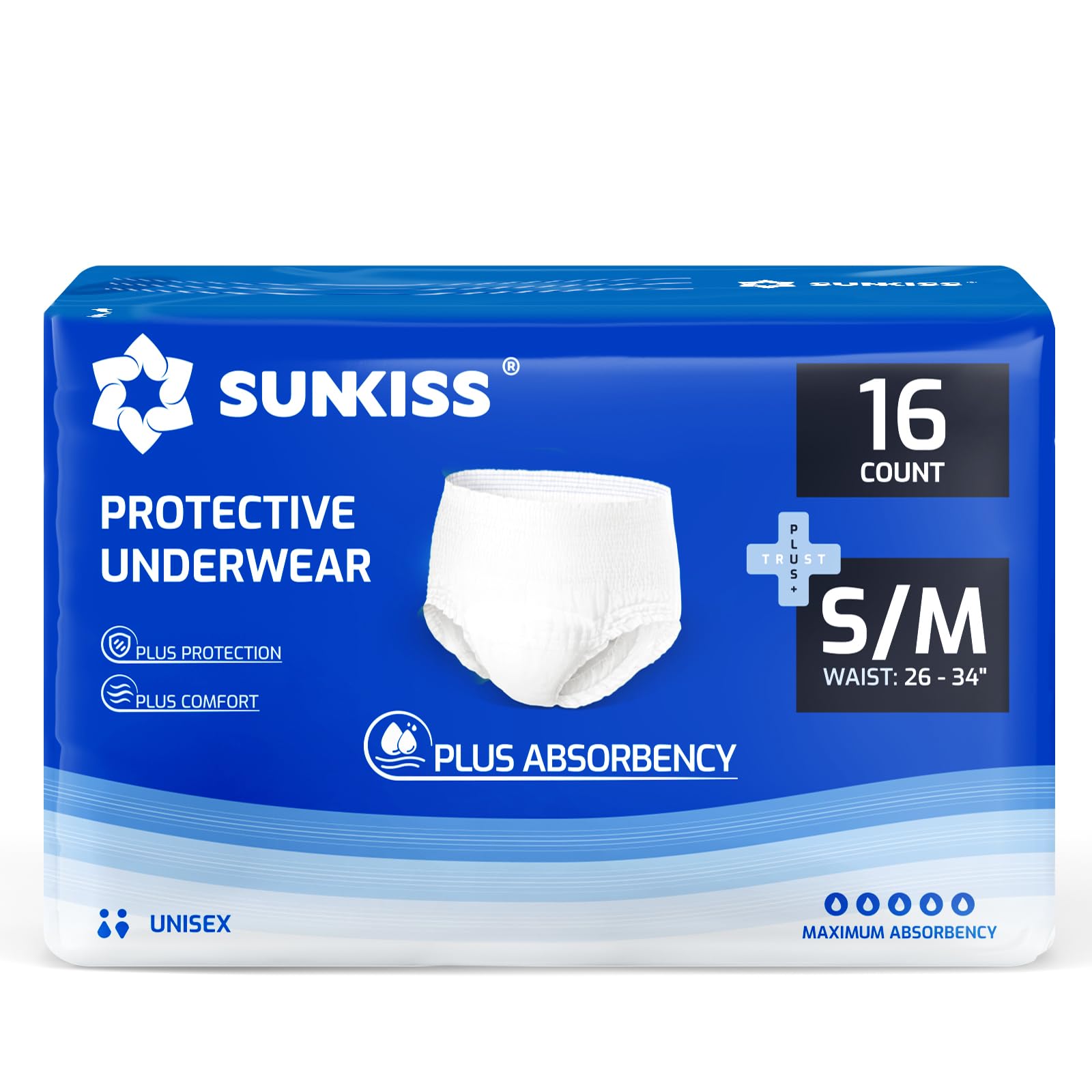 SUNKISS TrustPlus Disposable Incontinence Underwear for Men and Women with Maximum Absorbency, Adult Leak Protection Day or Night, Assurance for Postpartum Women, Small, Medium, 16 Count