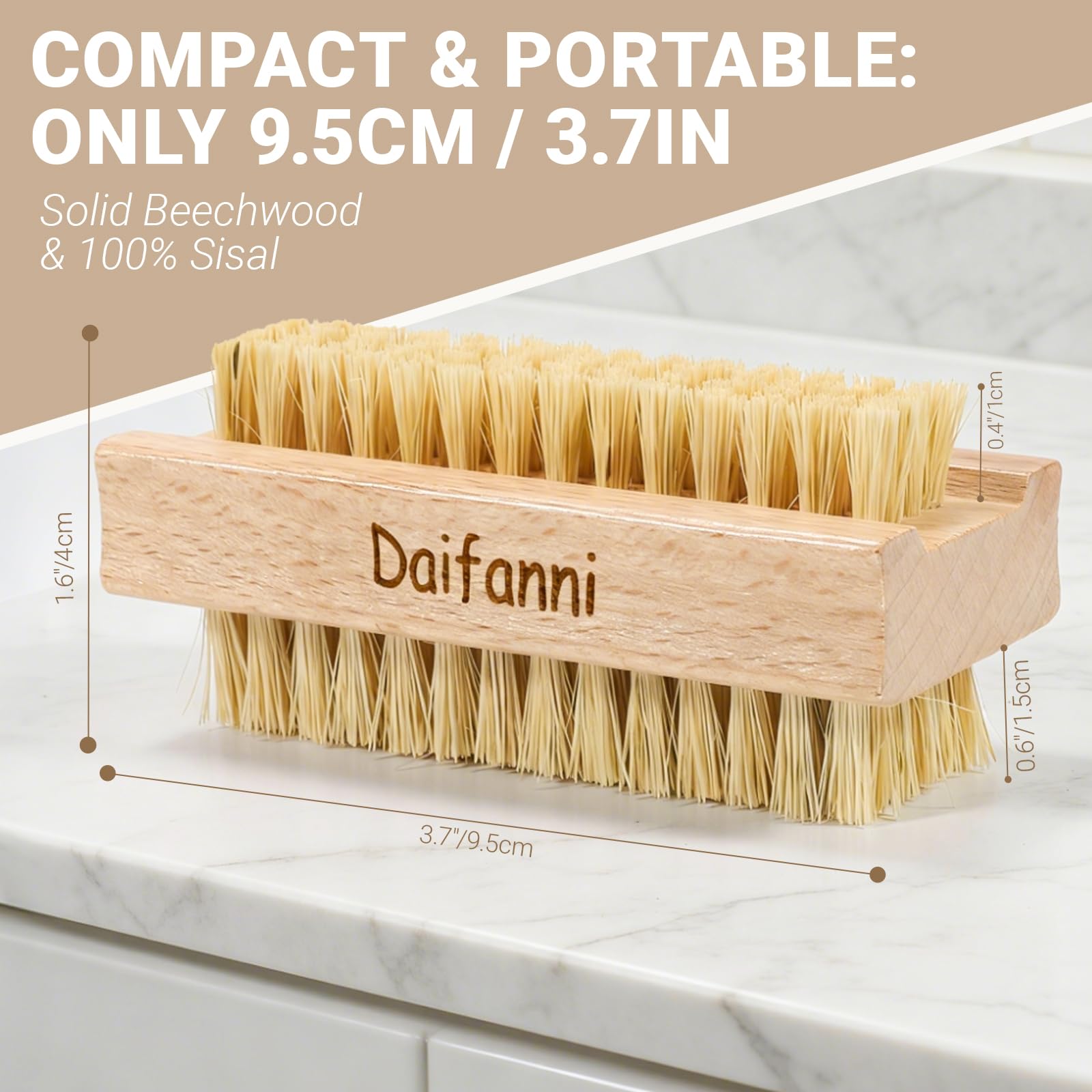 Cepillo de uñas de doble cara, madera de haya natural y sisal, estropajo resistente de doble densidad para uñas de manos y pies, paquete de 3