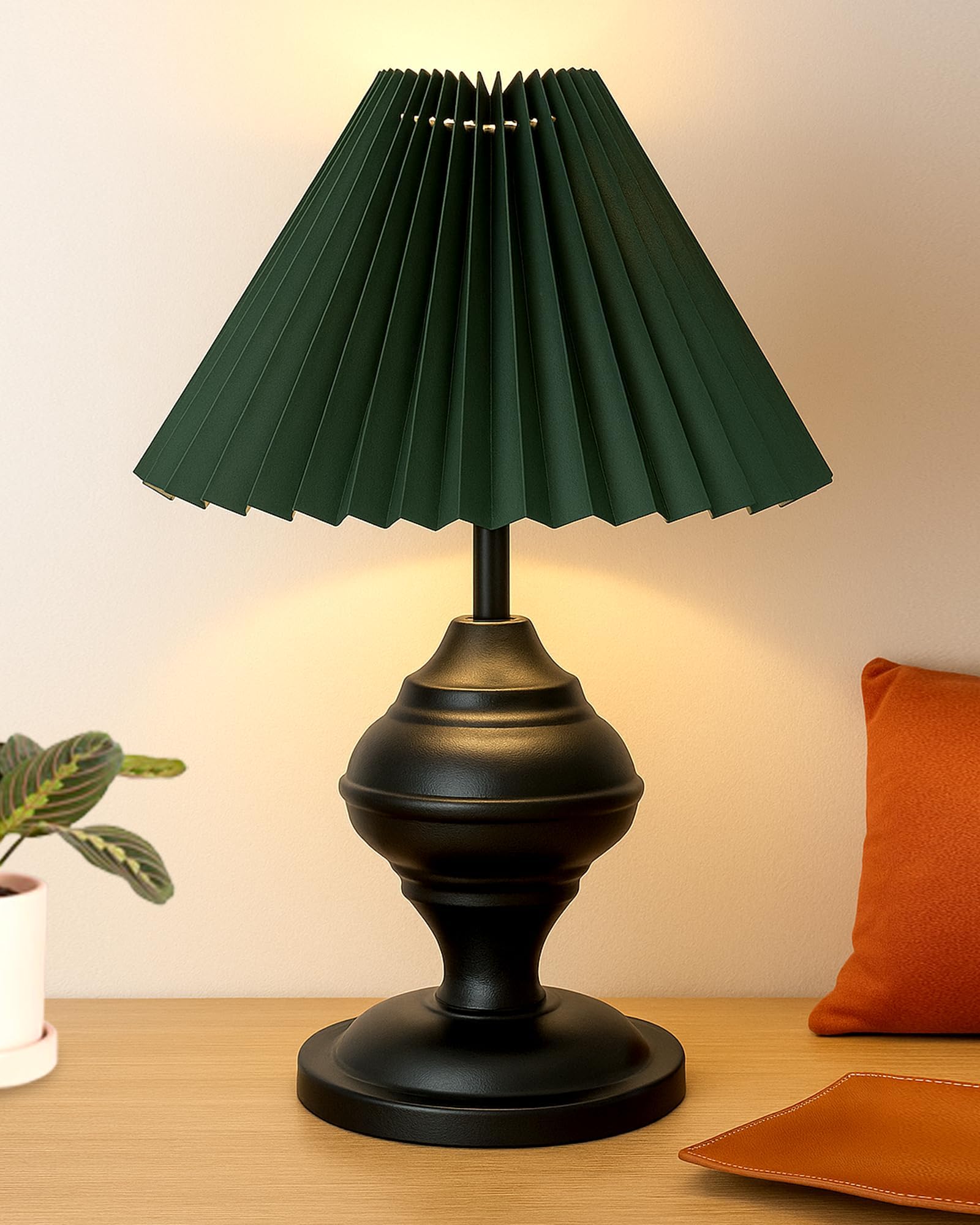 Homesake® Bedside Black Metal Table Lamp with Fabric Shade, Incandescent, E27 Holder, Desk Lamp, Night Lamp, Office, Nightstand, Table Lamp for Living Room, Study Room, Kids Room, Pleated (Green)