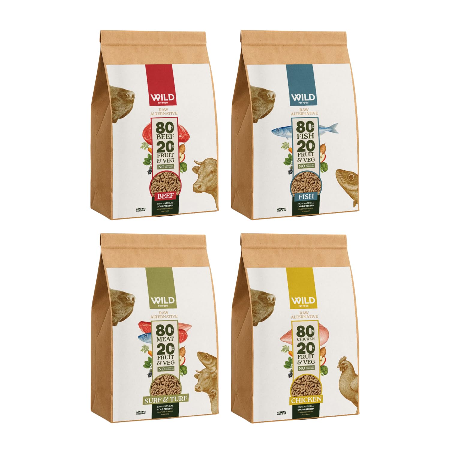 Wild Pet Food - Small Mixed Bundle (4 x 2.5 kg) Grain Free Dry Dog Food, 80:20 Cold Pressed - Surf & Turf, Chicken, Beef & Fish - Low Fat, High Protein - Gastrointestinal Dog Food - Adult or Puppy