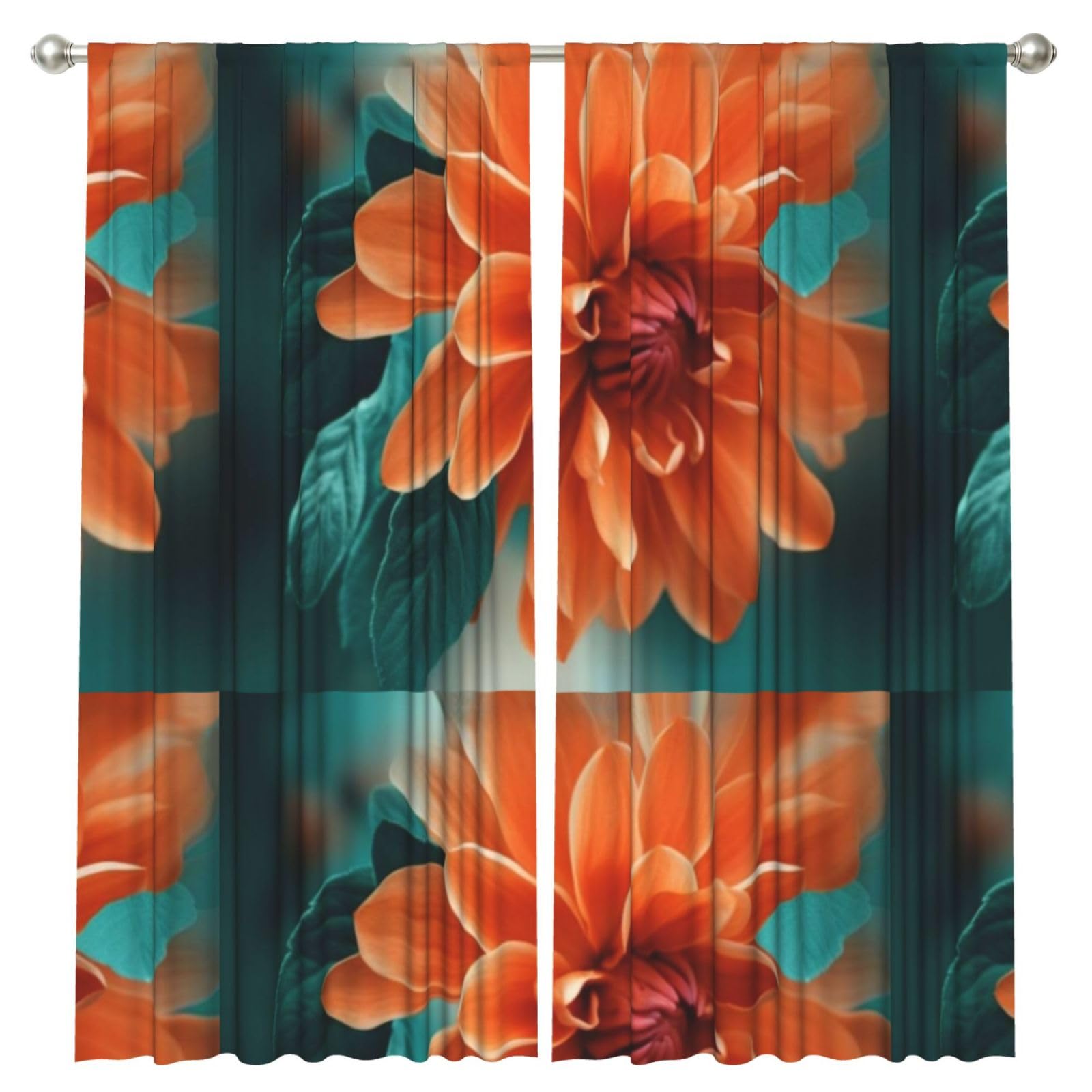 InOmak Teal And Orange Flower, 2 Panels Window Curtains 52 x 84 Inch Blackout Curtains for Living Room Bedroom