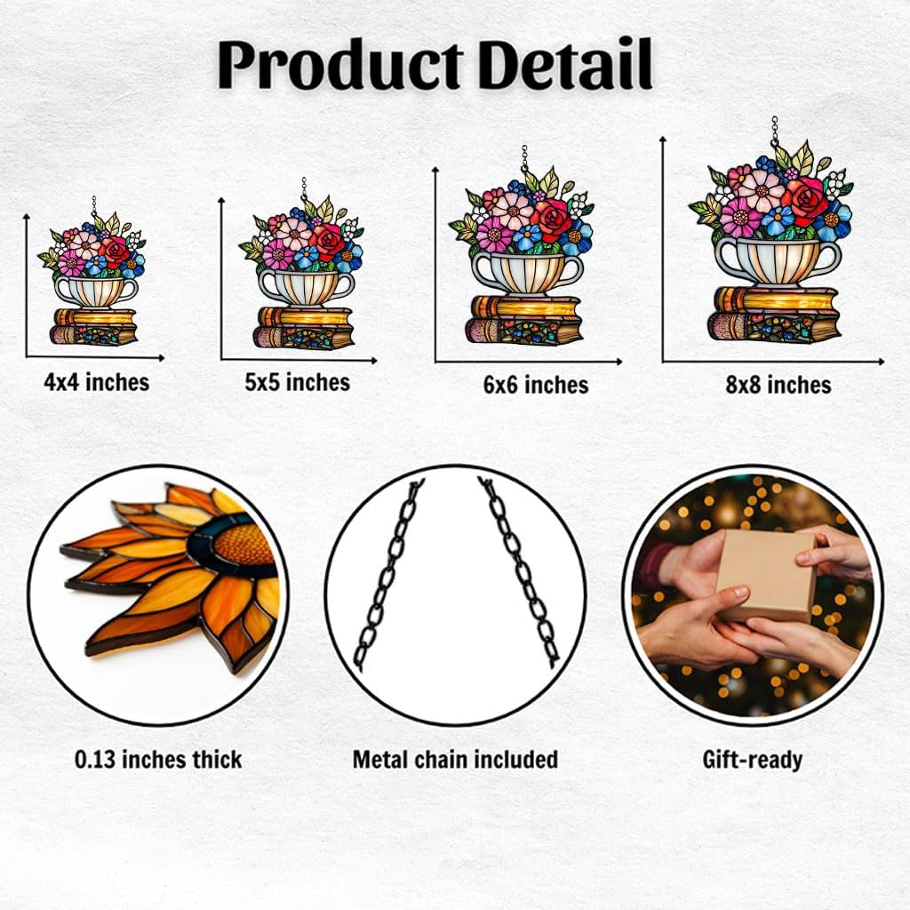 Floral Tea Cup and Books Acrylic Suncatcher Stained Glass Effect Window Car Hanging Christmas Ornament Indoor Outdoor Decor Garden Sun Catcher Panel for Book Lover for Women Mom Grandma