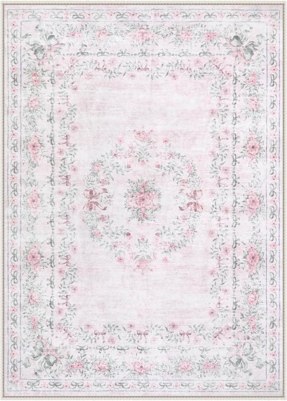 Wonnitar Floral Bow Pink Rug for Bedroom, Washable 5x7 Area Rug for Girls Nursery, Ultra-Thin Non Slip Soft Boho Carpet for Kids Room Dorm Living Room, Light Pink 5' x 7' Light Pink