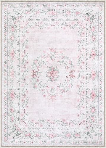 Miniatura 2 de Wonnitar Alfombra rosa con lazo floral para dormitorio, alfombra lavable de 5 x 7 pies para niñas, guardería, ultra fina, antideslizante, suave,