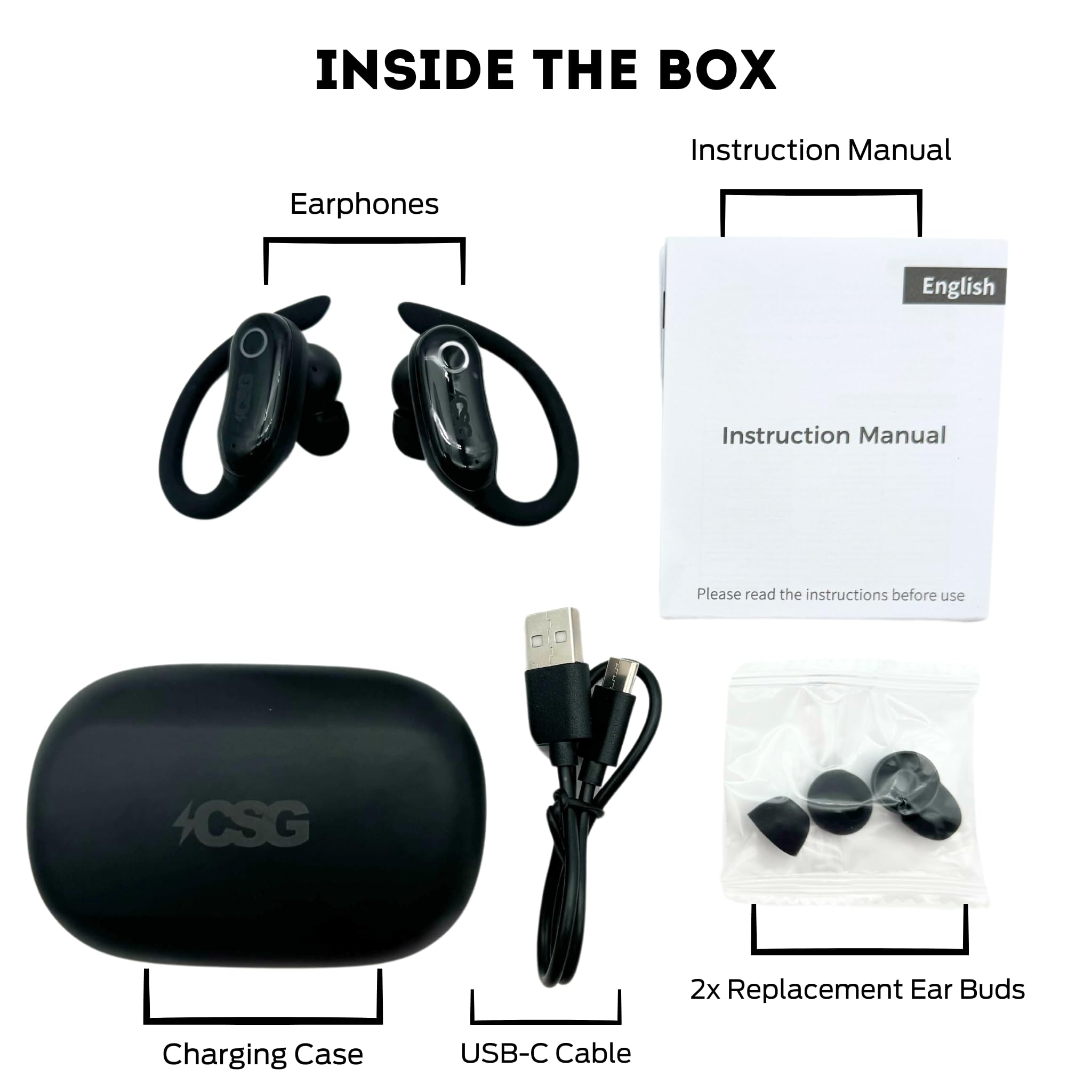 CSG True Wireless 5.3 Stereo Sport Bluetooth Earphones, Microphone, IPX7 Waterproof, Black, Touch Control, Stereo Sound, Light Weight Ergonimic Headphones Design 2