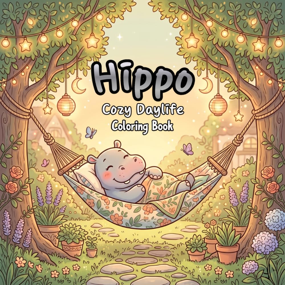 Hippo Cozy Daylife Coloring Book: 50 Adorable Pages for All Ages. Relaxing Beach Scenes and Cute Animals Make This a Fun Coloring Book for Kids and Adults