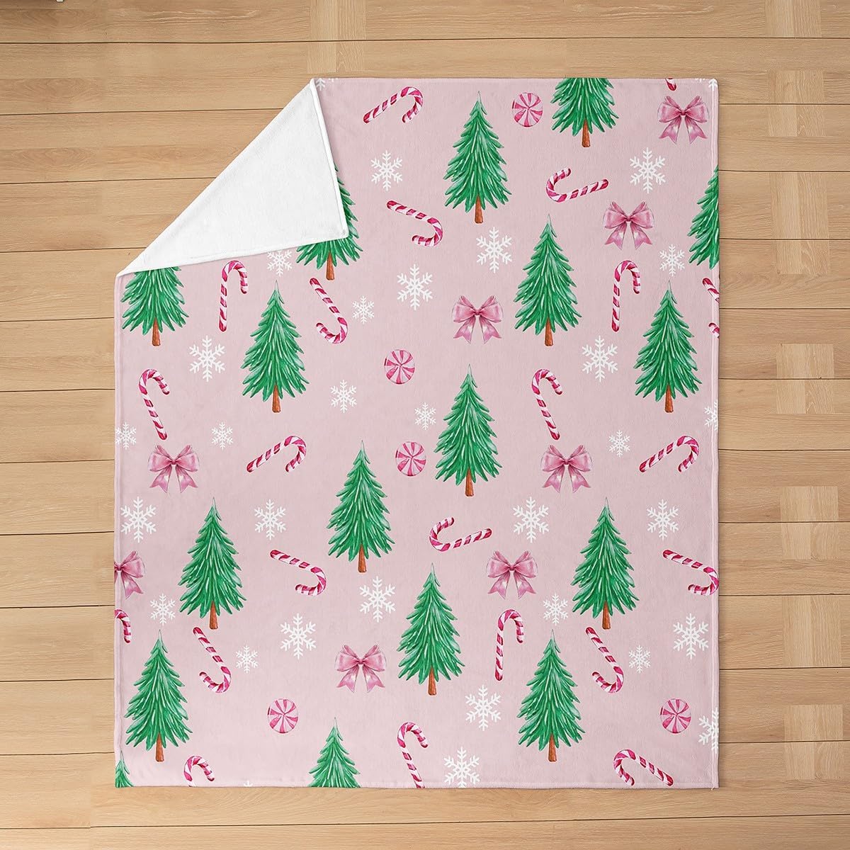 Erosebridal Christmas Tree Fleece Blanket Twin 60"x80" Kawaii Candy Bow Flannel Blanket Bowknot Xmas Snowflake Fuzzy Plush Throw for Kids Boys Girls,Pink Green Cute Holiday Decor for Bed Couch