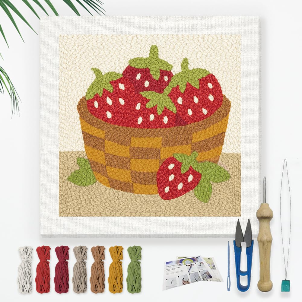 DOODLREAM Strawberries in Fruit Basket DIY Punch Needle Embroidery Kit for Adult Beginner, 24 cm Fruit Punch Stitching Craft Set for Starter with Frame, Fabric Pattern, Threader, Yarn, Punch Needle