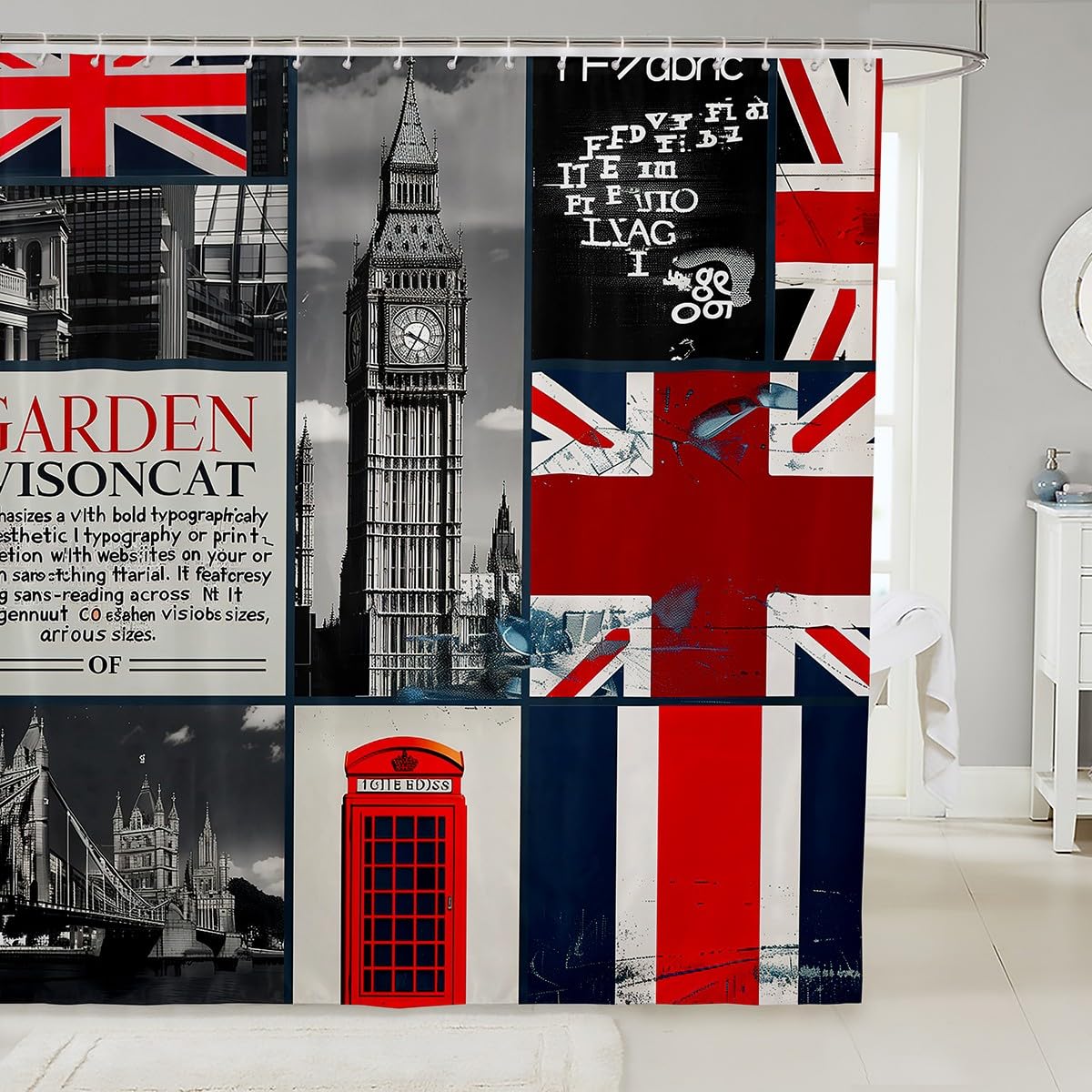 London Shower Curtain Set Romantic City Building Shower Curtain for Teens Boys,Big Bent Bath Curtain United Kingdom Tower Bridge Red Telephone Booth