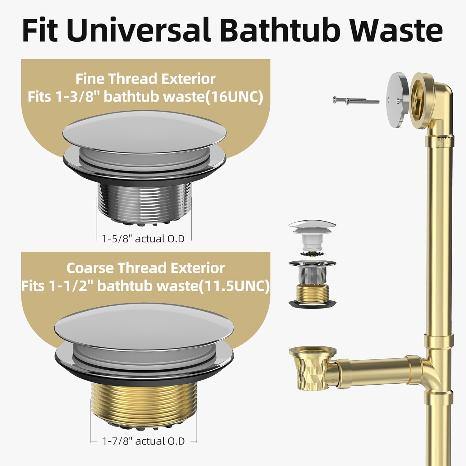 Chrome Plated Tub Drain Kit with Hair Catcher, Smooth Touch, Premium Brass, Bathroom Tub Drain Replacement and 2-Hole Overflow Faceplate, 11.5/16 UNC Bathtub Drain Stopper Assembly