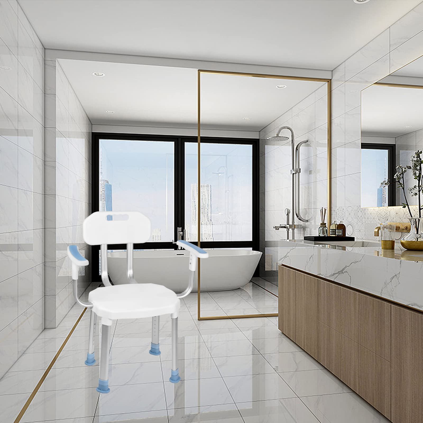 Taburete de ducha de aluminio, altura regulable, silla de ducha, silla de ducha con respaldo y reposabrazos, asiento de ducha, antideslizante, asiento de ducha, asiento de baño, blanco (modelo