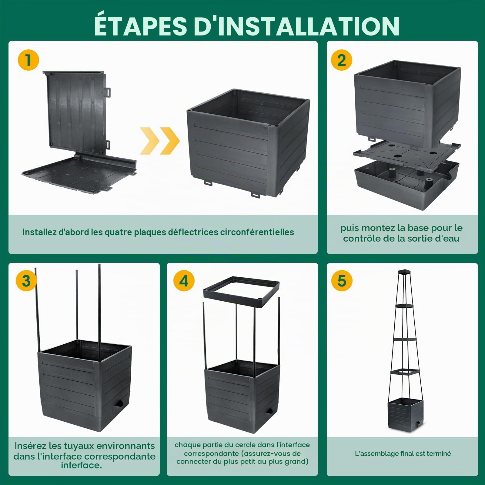 MYMULIKE Obélisque avec jardinière, Lot de 2 tuteur pour Plantes d'intérieur, avec jardinière Beau Support de Plantes en métal, Cadeau Jardinière surélevée en Plastique Noir