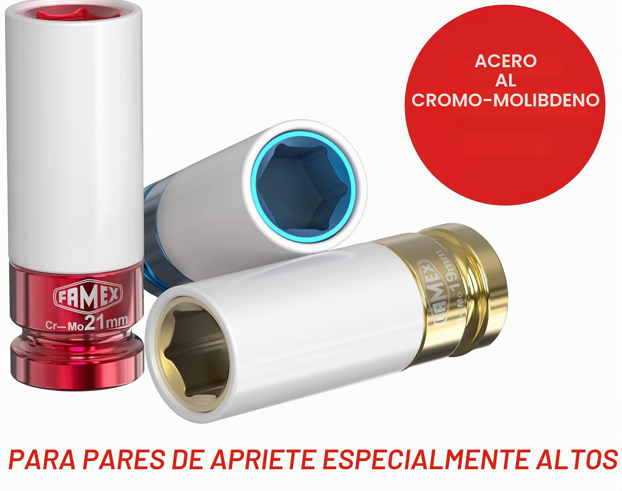 FAMEX 10886-3-RS-KS - Llave dinamométrica de 1/2" (12,5 mm) 30-210 Nm +/- 3%, 3 llaves de vaso/insertos suaves, con certificado de calibración, para coche, moto, SUV, furgoneta