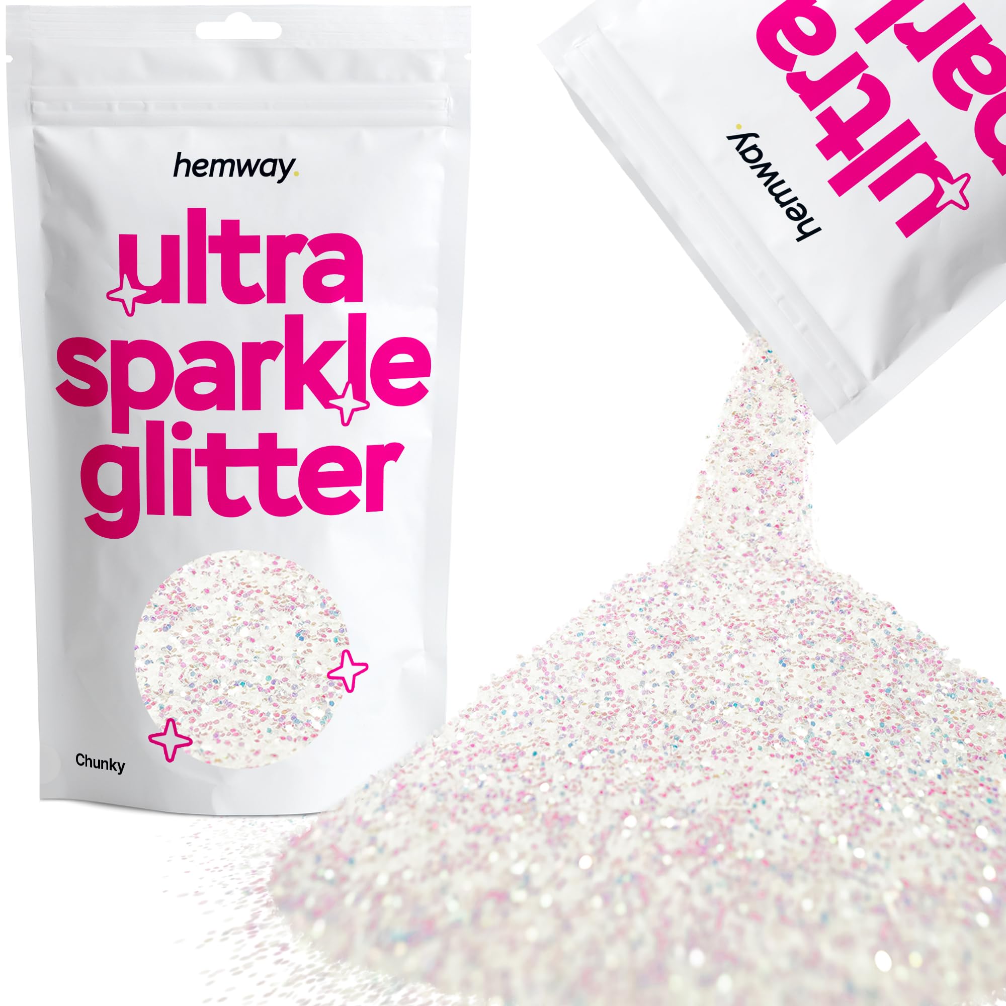 Hemway Ultra Sparkle Glitter - Mother of Pearl Iridescent | 100g Chunky Metallic Flakes for Resin & Epoxy Crafts | Supplies for Tumblers, Festival, Hair, Face, Body, Eye & Nail Art Decoration