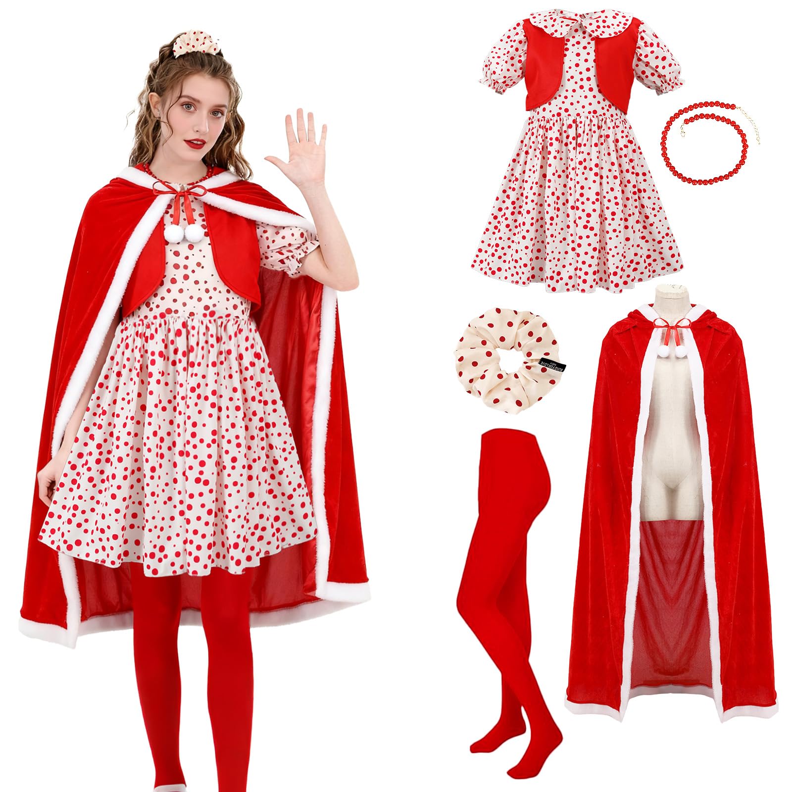 shyhand 5PCS Cindy Lou Who Costume Adult Women, Christmas Cindy Dress with Red Cape Necklace Sock, Fancy Xmas Cosplay Outfits (Medium)