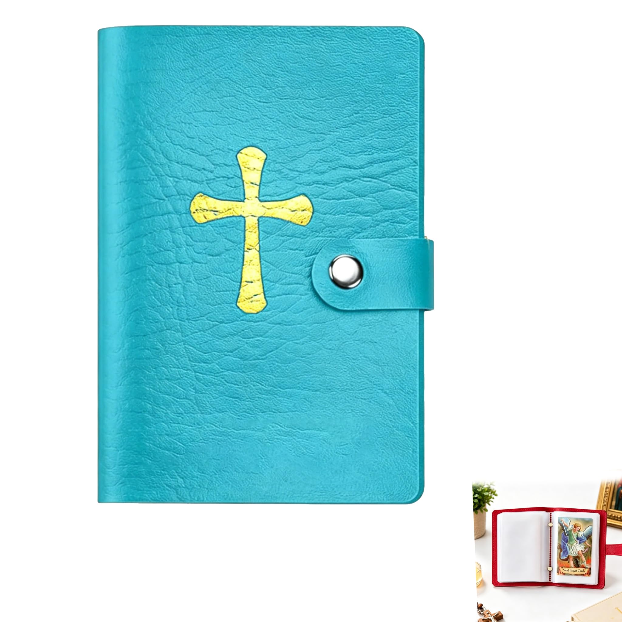 Catholic Faux Leather Holy Card Holder, Pocket Prayer Card Organizer with Snap Closure, Portable Travel Wallet for Religious, Holds Up to 40 Standard Cards, Christian Gift for Memorial (Blue)