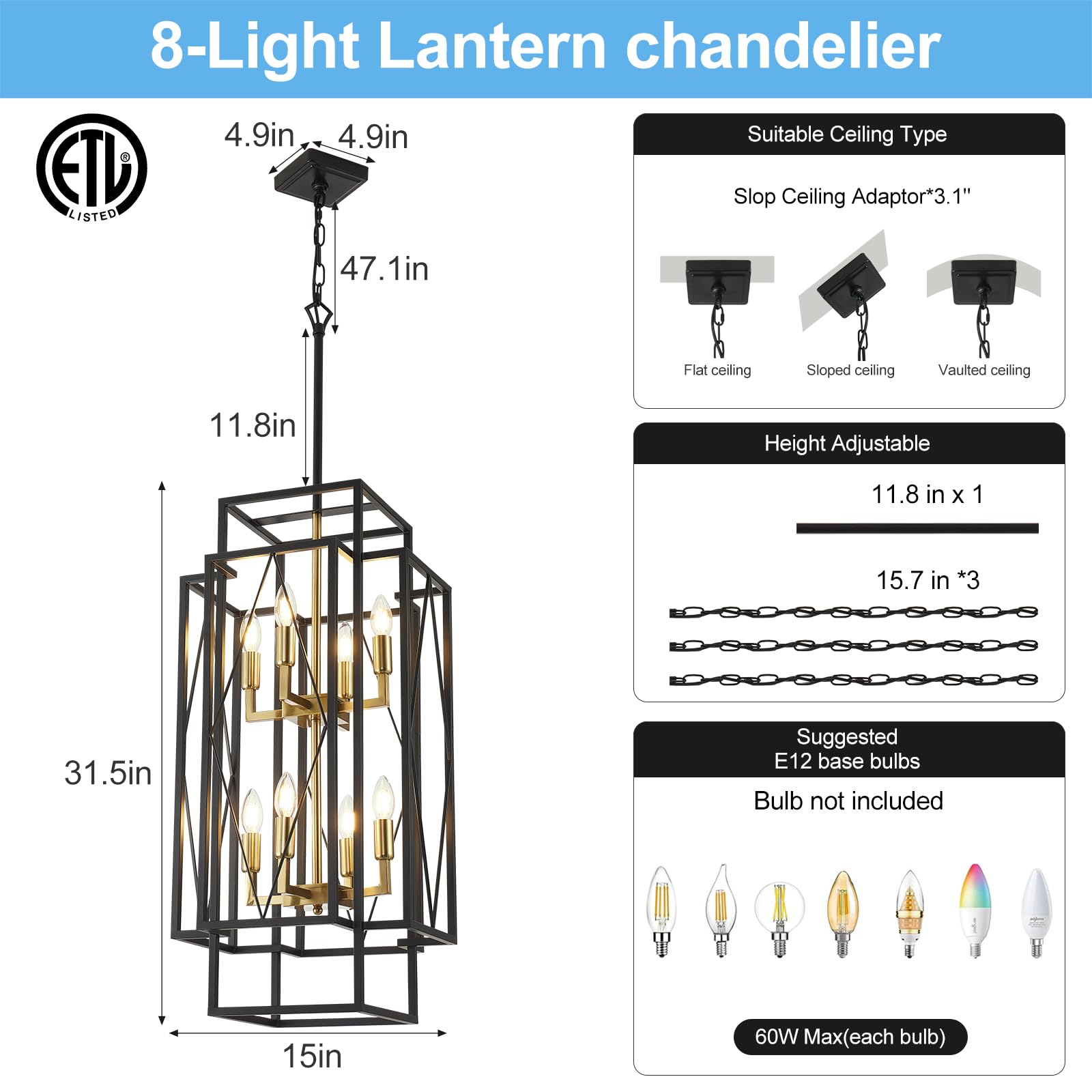View of Snapklik.com : 8-Light Lantern Tiered Pendant Light Fixtures, No ...
