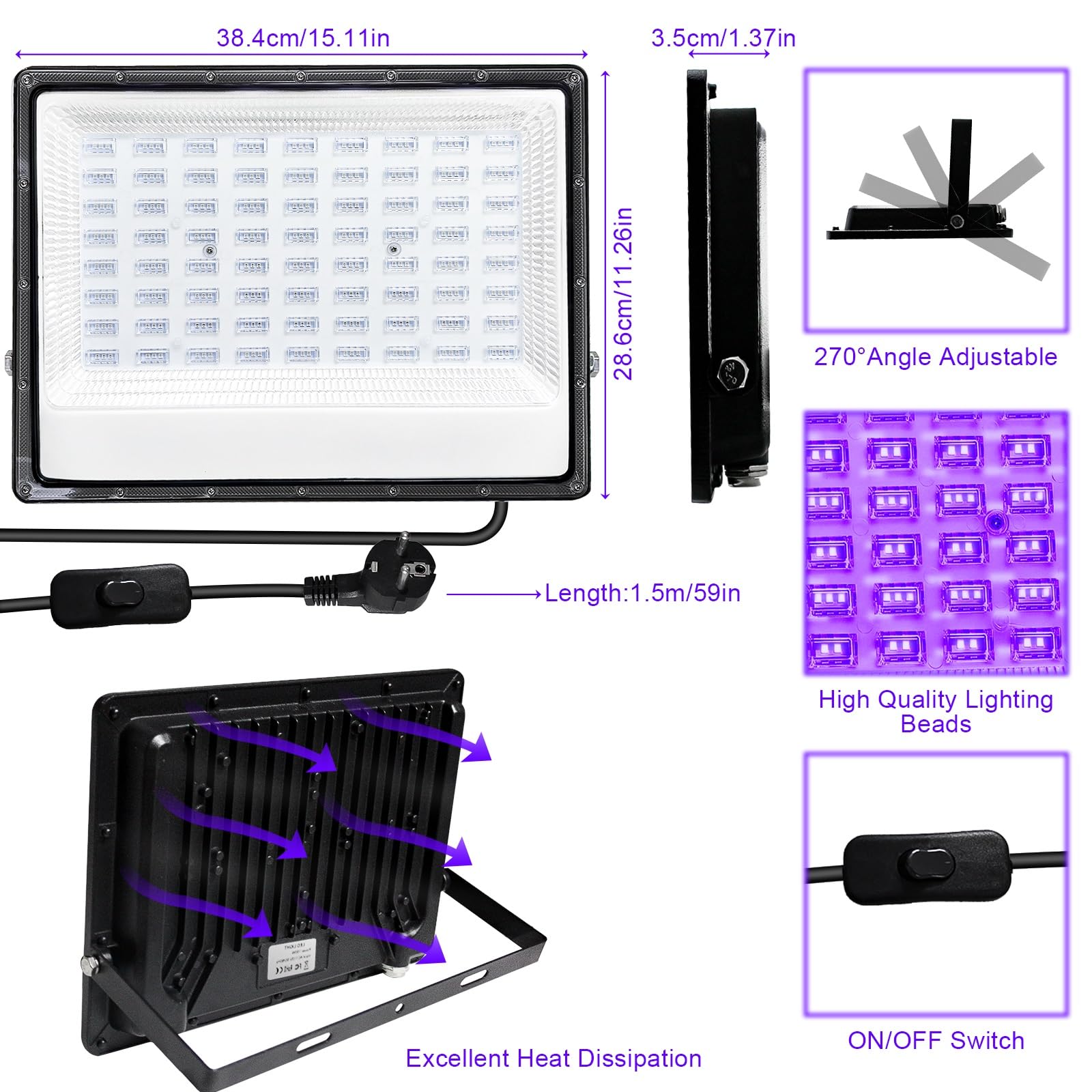 CREATESTAR LED Luce Nera 200W, Faro UV LED IP66 Impermeabile Faretto UV, Lampada per Poster Fluorescente, Halloween, Festa Glow, Discoteca, Acquario, Bar