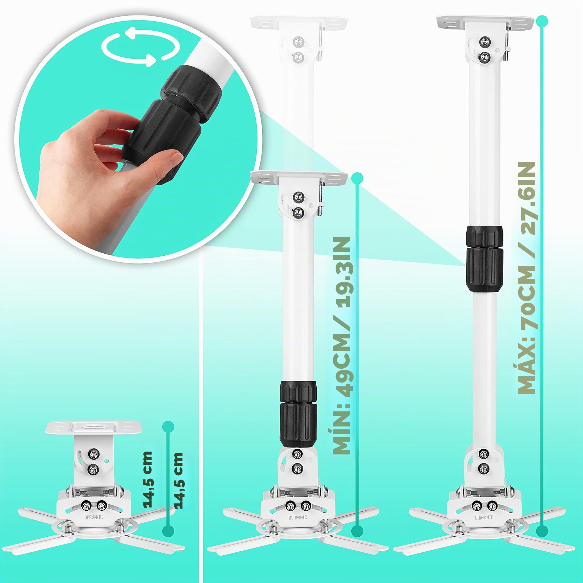 Duronic PB06XL Soporte para Proyector de Techo y Pared, Extensible 22-83cm, Universal, Giratorio 360º, Totalmente Articulable, Carga Máx 13.6kg, Cine en Casa, Videojuegos, Presentaciones, Color Blanco