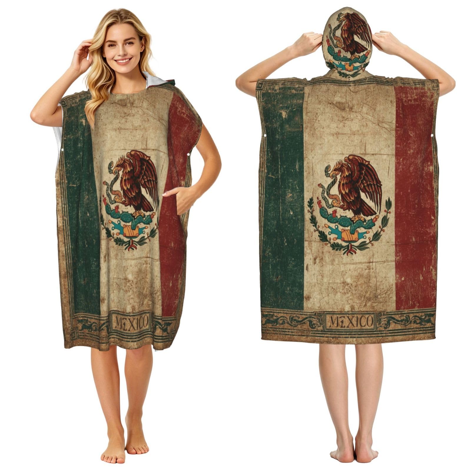 DTHKJNLSF Mexican Flag Adult Hooded Beach Poncho Towel