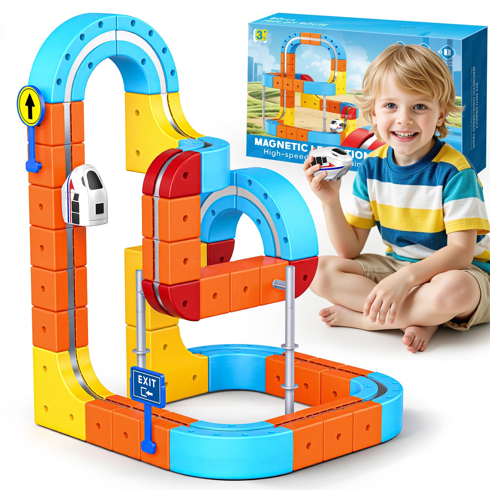 56 Pezzi Trenino Elettrico per Bambini, Giochi Bambini 3 4 5 6 7 8 Anni DIY Cube Track Regalo Bambina 3-8 Anni 3D Elettrico Klickrail Pista Magnetica Macchinine Regali di Pasqua per bambini