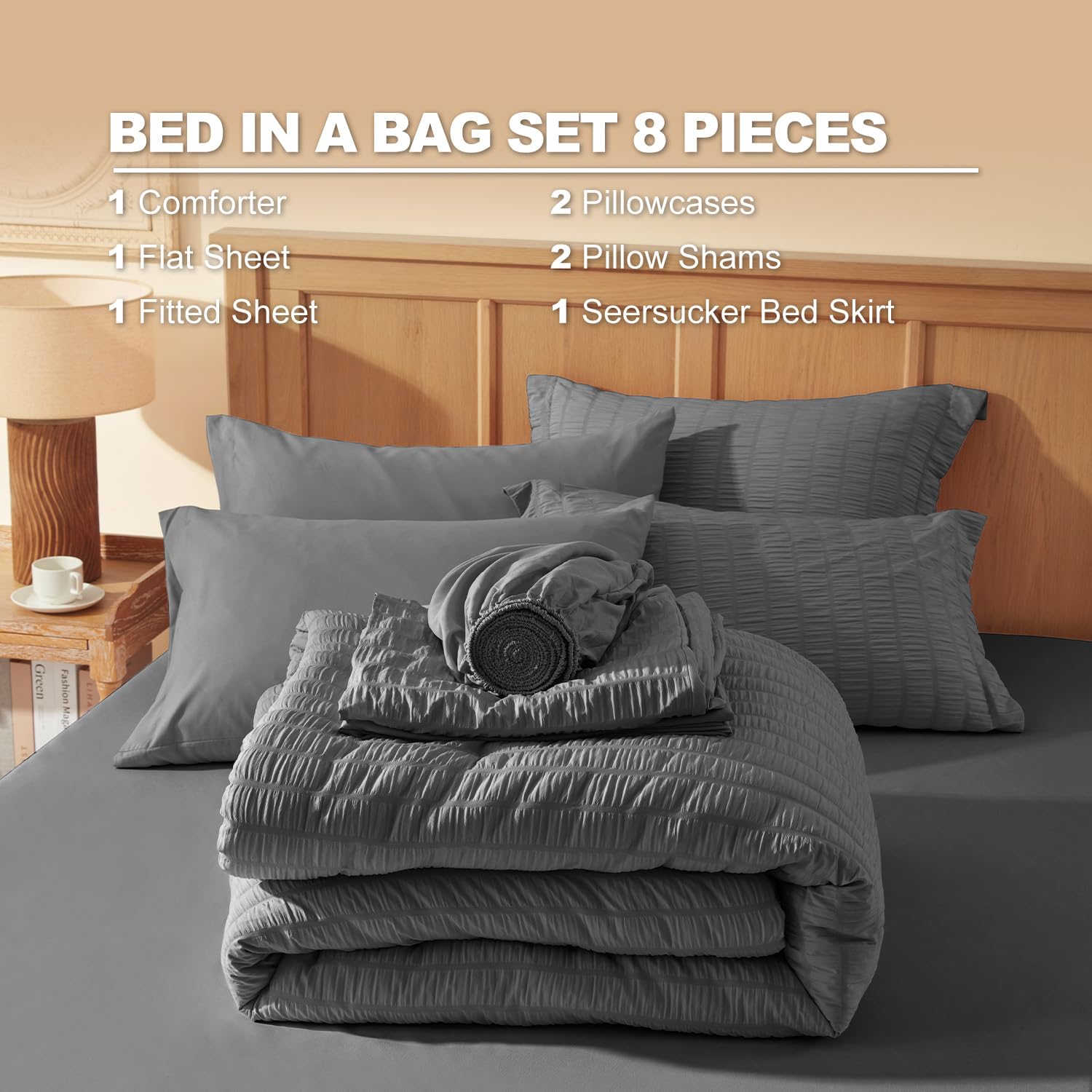 HYMOKEGE Set di biancheria da letto matrimoniale beige in tessuto seersucker, 5 pezzi, per tutte le stagioni, lussuoso, per camera da letto, set di biancheria da letto con piumone, lenzuola, federa e