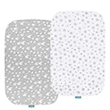 Bassinet Sheets Compatible with AirClub, GoFirst and MiClassic Bassinet Bedside Sleeper, 2 Pack,100% Jersey Knit Cotton Fitted Sheets, Mild Grey Hearts and White Stars Print