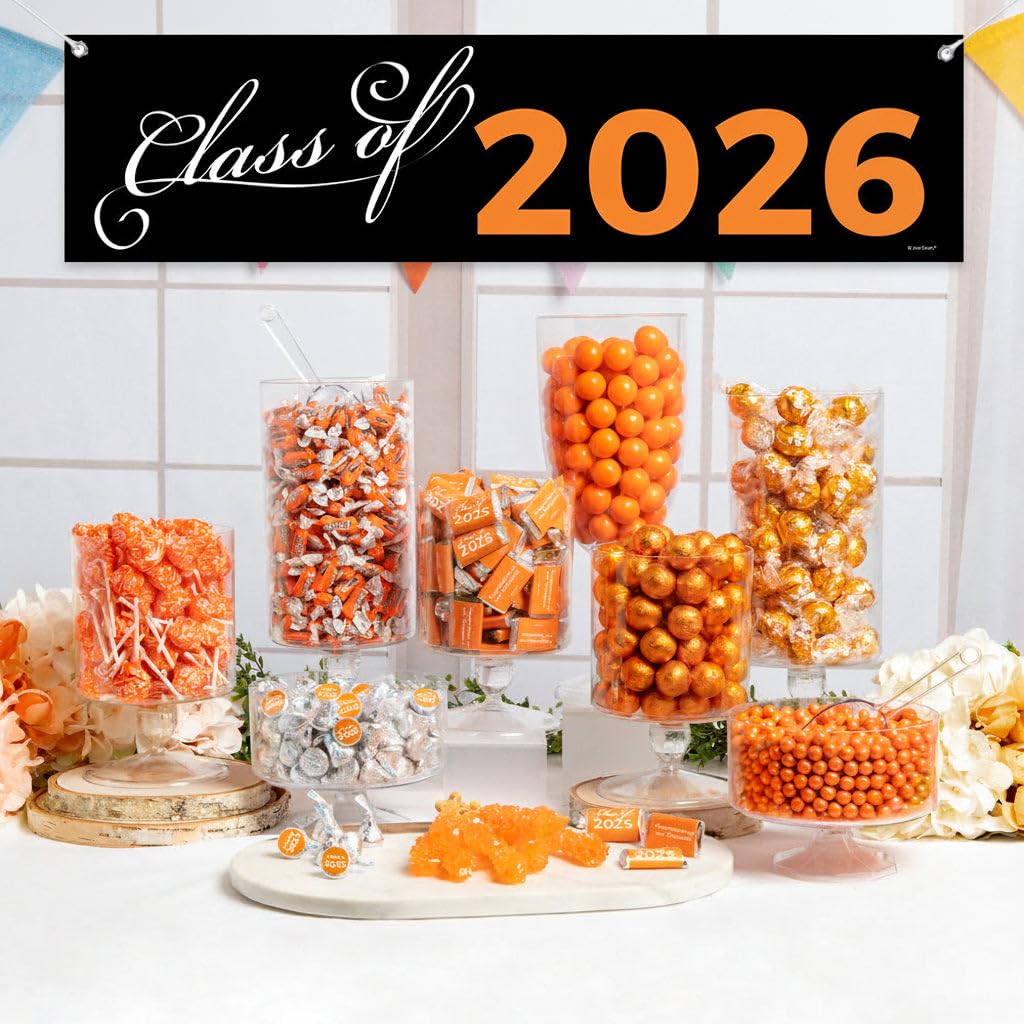 Orange Graduation Candy Buffet Plus Class of 2026 5ft Banner For Party Favors By Just Candy - Orange Candy Table Kit, Feeds 24-36 Guests (Containers