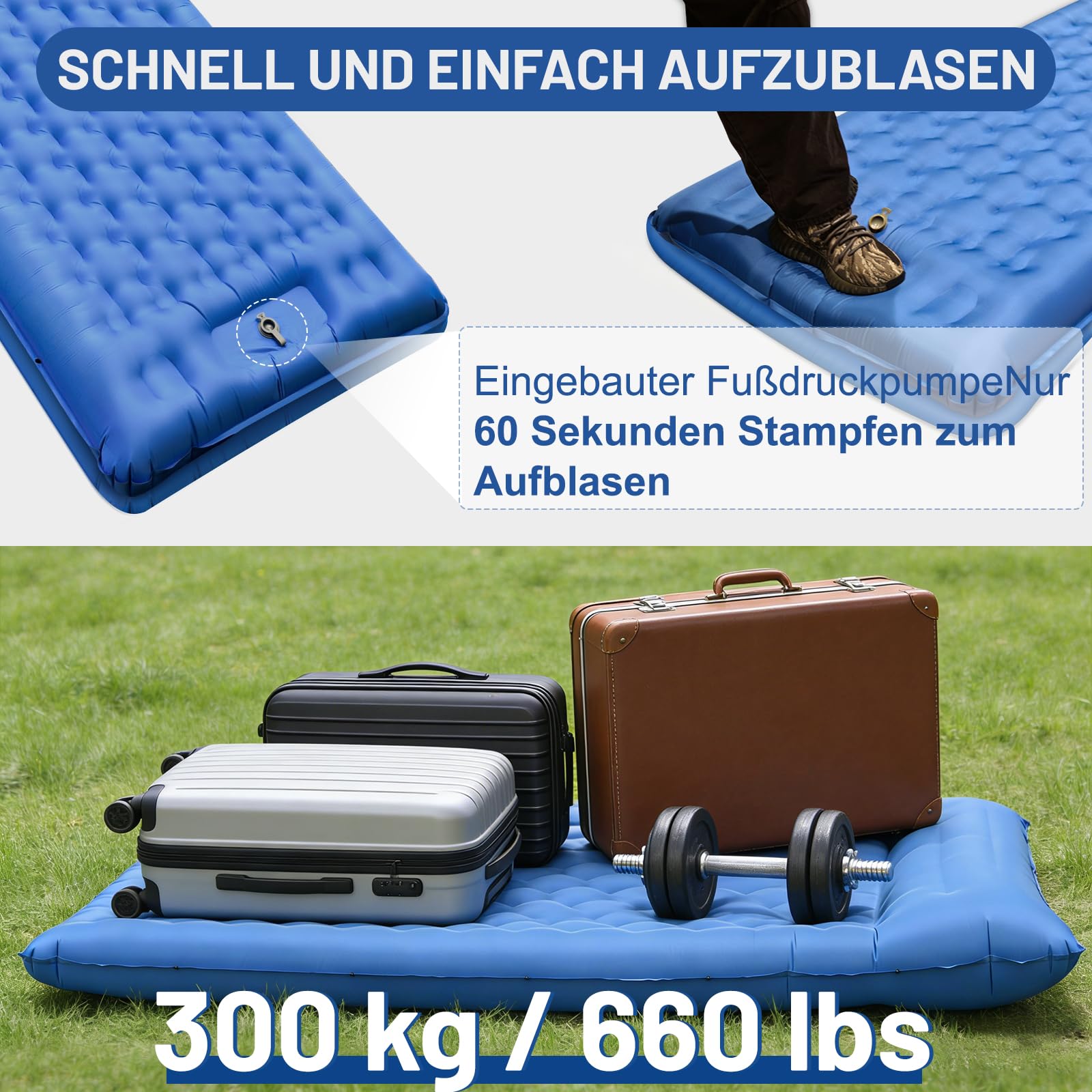 NAPASA Isomatte Camping, 16CM Verdicktes Aufblasbare Matratze mit Eingebauter Fußpresse Pumpe & Kissen, Wasserdicht, Anti-Ripstop Schlafmatte für Wandern, Strand, Reisen, Zelt(Blau)