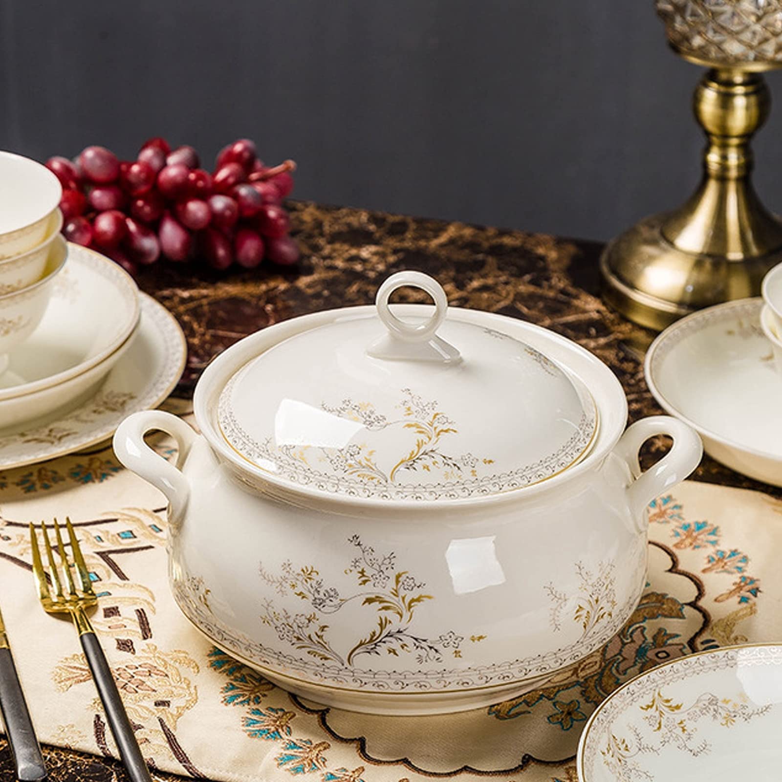 Zestaw Ceramicznych Naczyń Obiadowych W Stylu Retro, Piękny Zestaw Z Porcelany W Kolorze Złotym I Białym, Idealny Na Domowe Przyjęcie, Wesele, Hotel, Boże Narodzenie