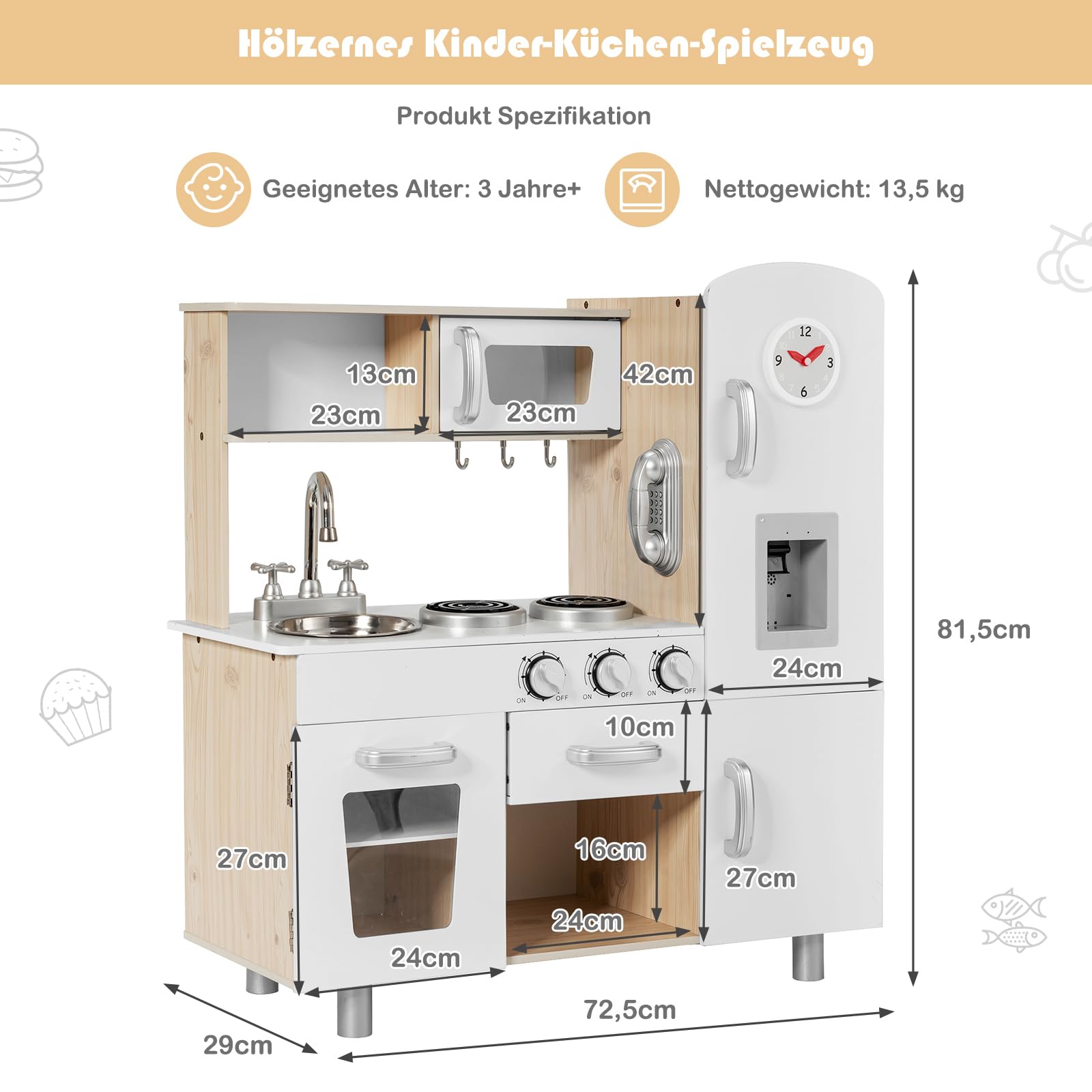 COSTWAY Kinderküche mit Zubehör, Spielküche mit Licht & Sound, Holzküche inkl. Telefon Herd Kühlschrank Mikrowelle, Kinder Küche mit Abnehmbarer Spüle, Spielzeugküche für Kinder ab 3 Jahren