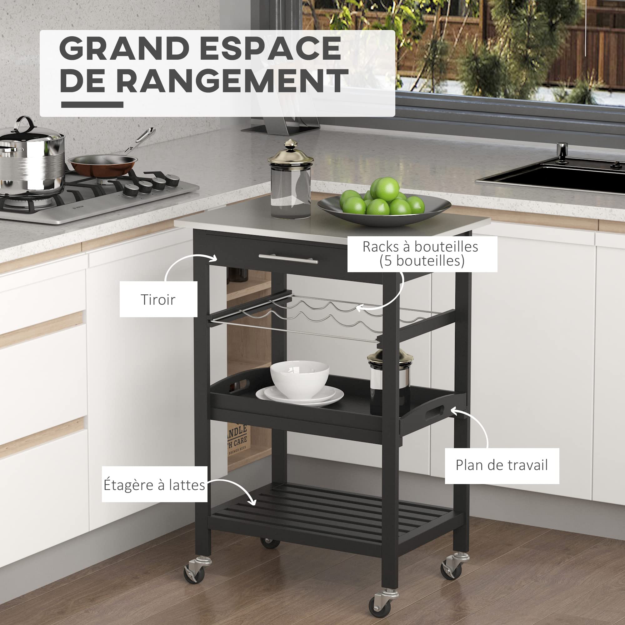 HOMCOM Chariot de Service avec Rangement Bouteille 60L x 40l x 85H cm Noir | Desserte de Cuisine, Table Roulantes, Étagère, Plateau en Acier INOX