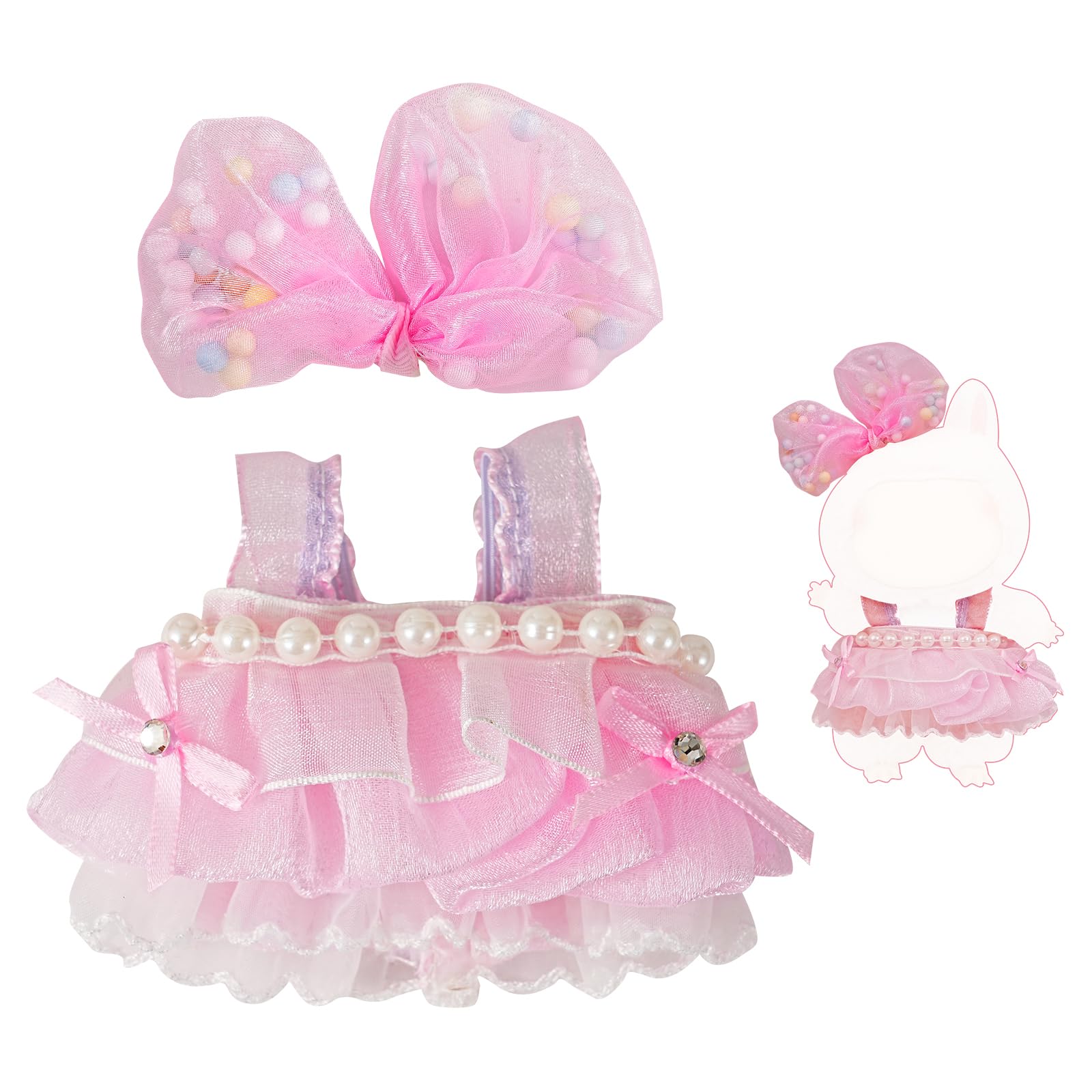 Cute Pink Skirt and Hair Clip Set for 6.7 Inch Dolls – Fits 1st/2nd/3rd Gen 17cm Dolls, Adorable Ruffle Tulle Skirt with Pearl Trim and Bow, Clothes