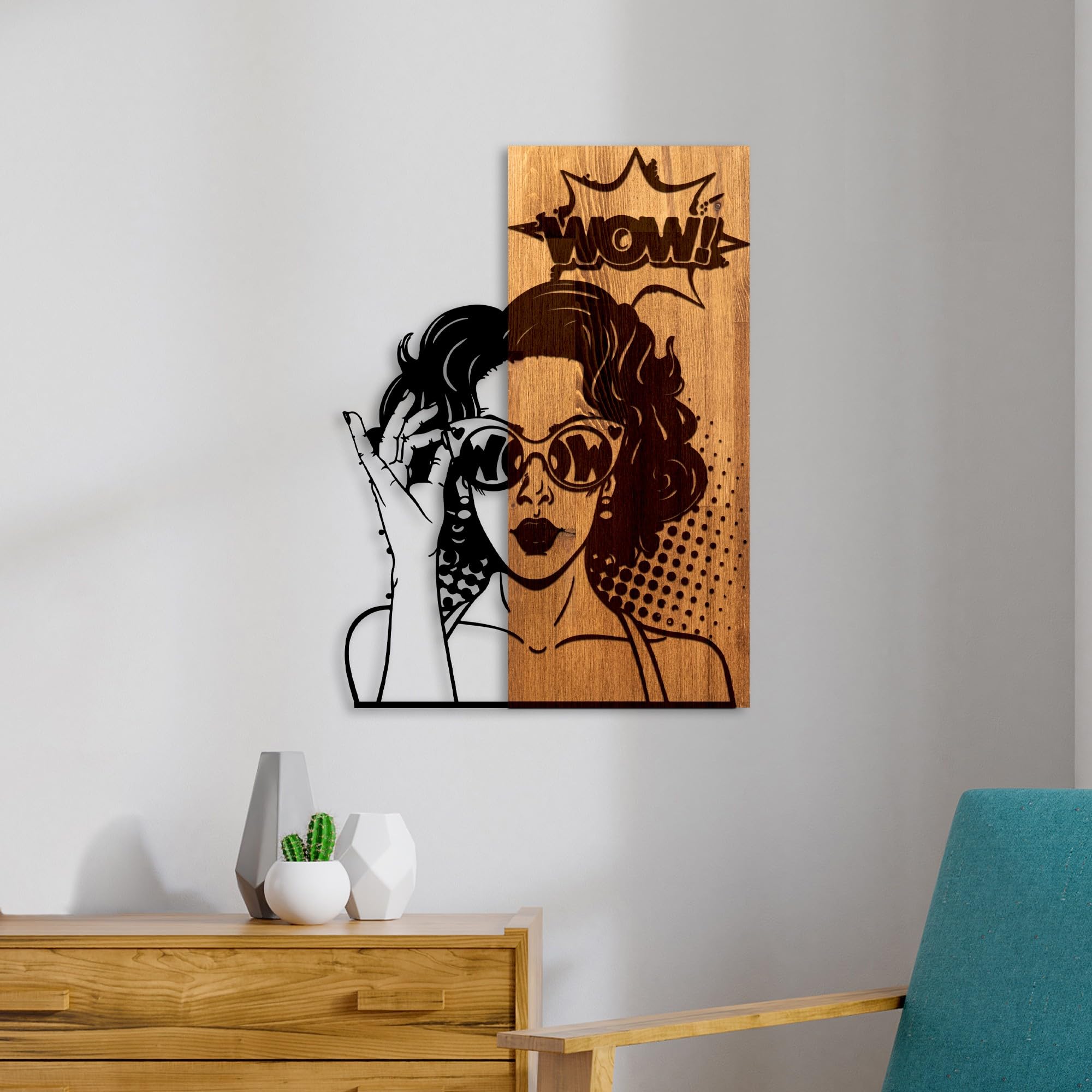 Elegant Decorative Wooden Wall Accessory, Walnut & Black, 42 x 58 x 3 cm, 50% Wood (3 cm) & 50% Metal (1.5 cm), Unique Design with Natural Variations