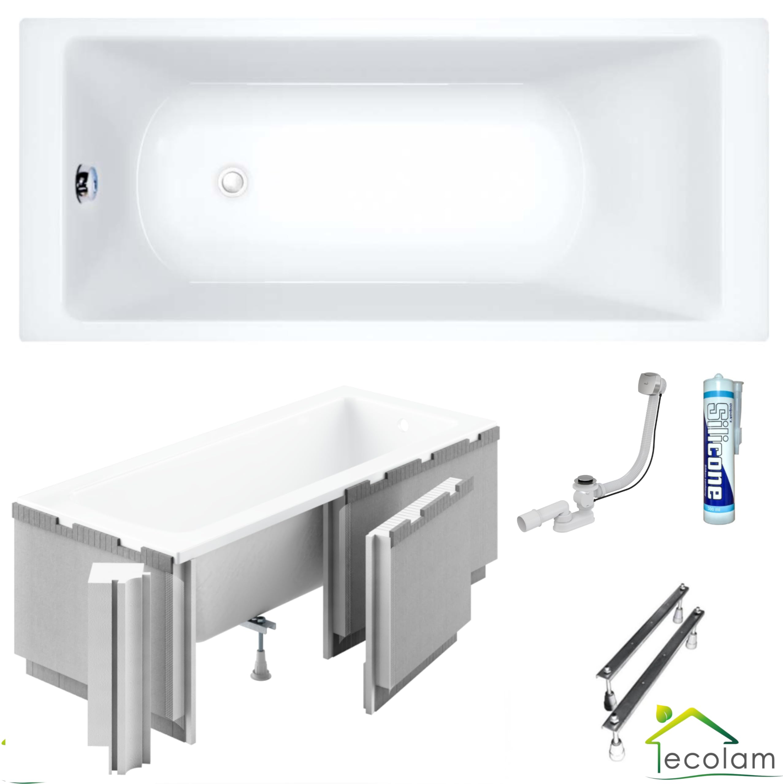 Duża wanna akrylowa ECOLAM® TAMI 190x90 cm + obudowa z polistyrenu z możliwością płytek pod oświetlenie LED, prostokątna wanna akrylowa, akryl sanitarny biały + automatyczny spust i przelew, nóżki, ko