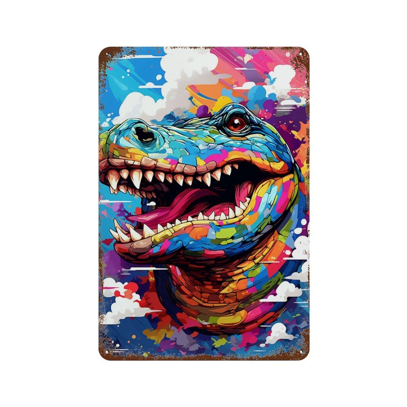 Vintage Rust Metal Sign Colorful Dinosaur Art Print-4 11.8"x7.9", Old School Wall Decor for Garage, Bar And Workshop Decor