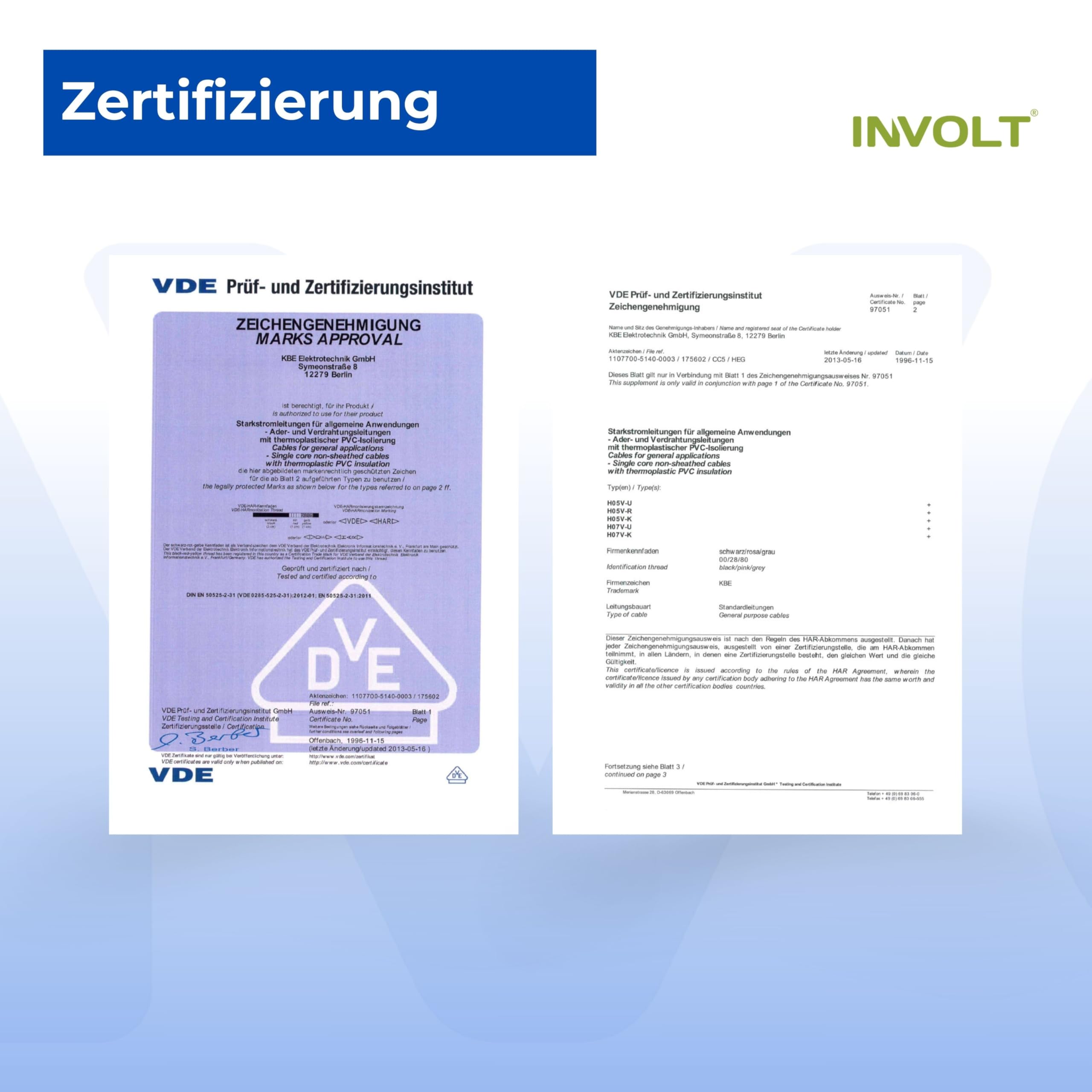 INVOLT H07V-K 10 mm² Verdrahtungsleitung 5 x 2m Set Einzelader Schwarz Blau Braun Grau Grün-Gelb mit Aderendhülsen Spannungsprüfer
