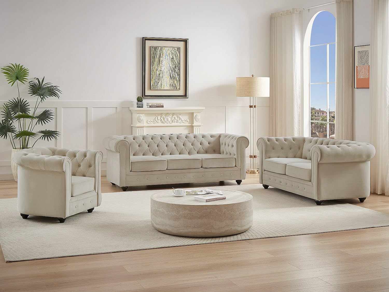 Vente-unique - Divano 3 posti+ Divano 2 posti + Poltrona Chesterfield - velluto - beige
