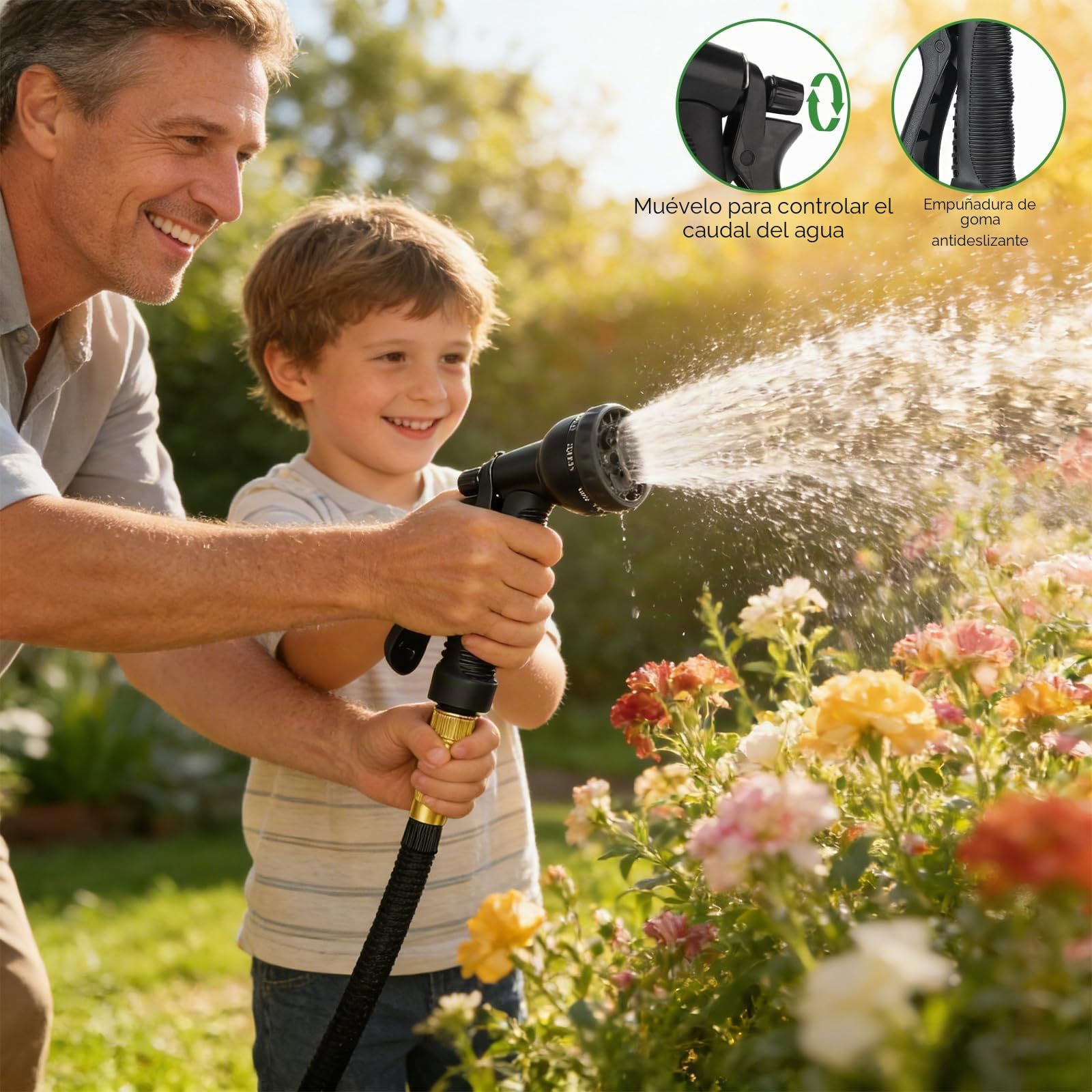 Manguera Extensible 30m, Mangueras Jardineria Flexible con Pistola Rociadora de 8 Funciones y Conectores de Latón de 1/2 y 3/4 Pulgadas, para Jardín Grande, Lavado Coche Casa, Negro