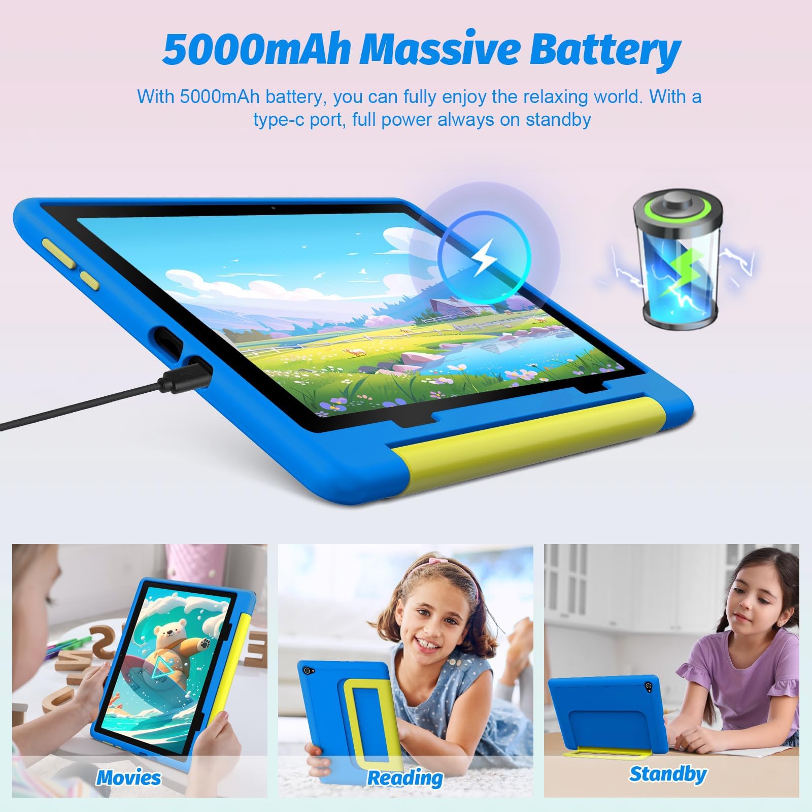 MUISOO Kids Tablet 10 inch, Android 15 Tablet for Kids Ages 3-12 Years, 20GB+64GB(1TB TF Expand), Octa-Core Processor, Parental Controls, WiFi 6, BT5.3, Preloaded Edu Apps Pad with Case (Blue) — view 6