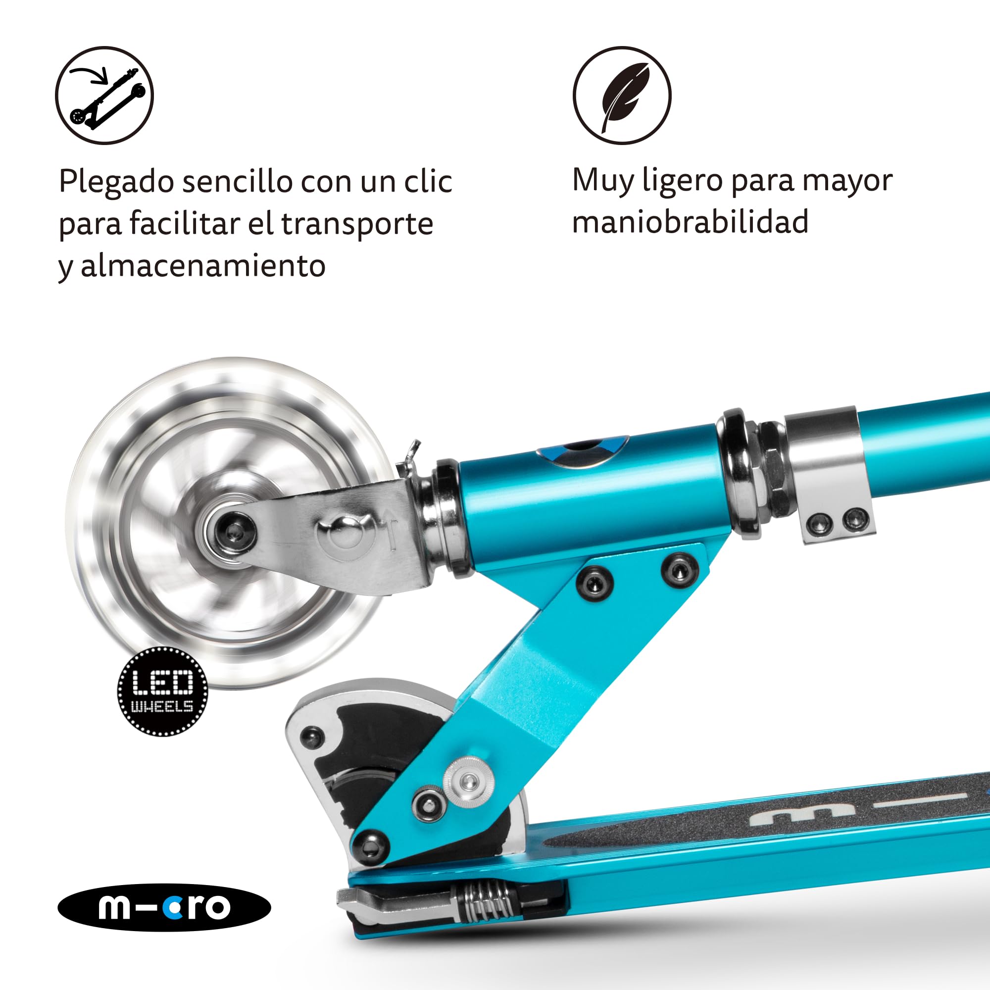 Micro® | Micro Sprite LED Scooter 2 Ruedas Niños | Patinete y Puños Plegables | Ruedas con iluminación LED | Ligero y Regulable en Altura | +5 Años | Niños y Niñas