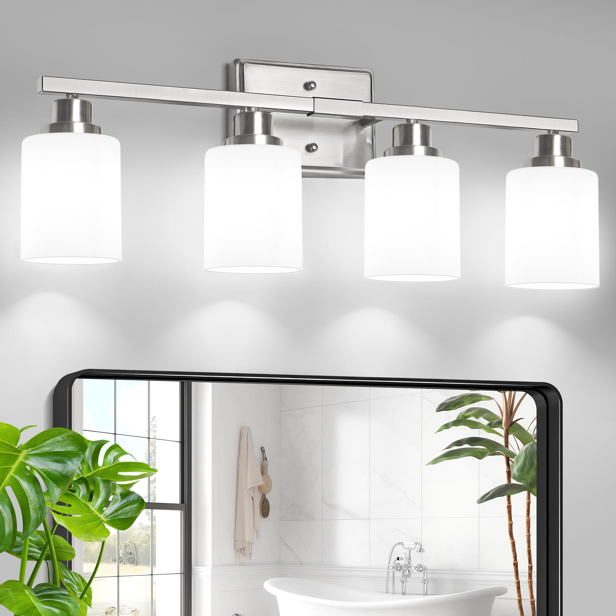 Unicozin 4-Light Bathroom Light Fixtures, Modern Brushed Nickel Vanity Light Over Mirror, Wall Sconces with Milky White Glass Shades for Living Room Bedroom Hallway E26 Base