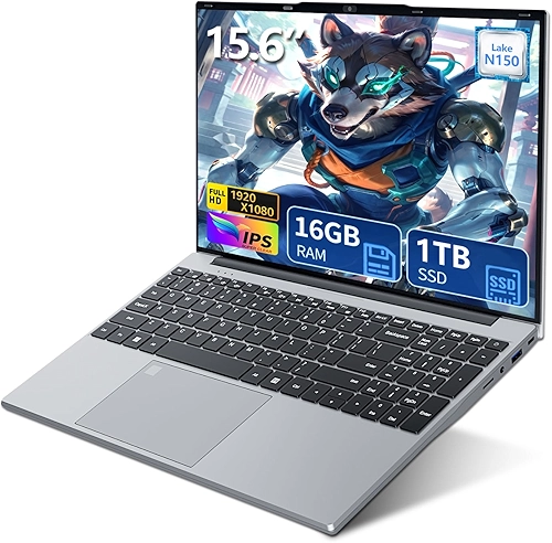 Laptop de 15,6 polegadas, processador quad-core N150 (até 3,6 GHz), laptop tradicional 16 GB RAM 1 TB SSD, teclado retroiluminado, desbloqueio de impressão digital, FHD 1920 x 1080, Win 11 Pro