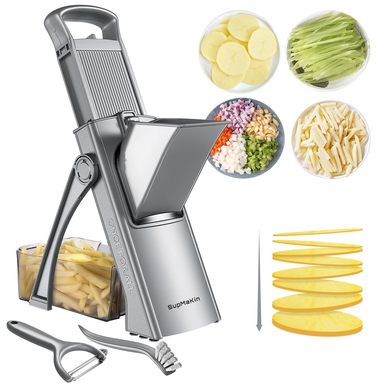 SupMaKin Safe Mandoline Slicer, Upright Handle Vegetable Potatoes Slicer Chopper, Julienne + Dicer, Thickness Adjuster for Kitchen Fast Meal Prep
