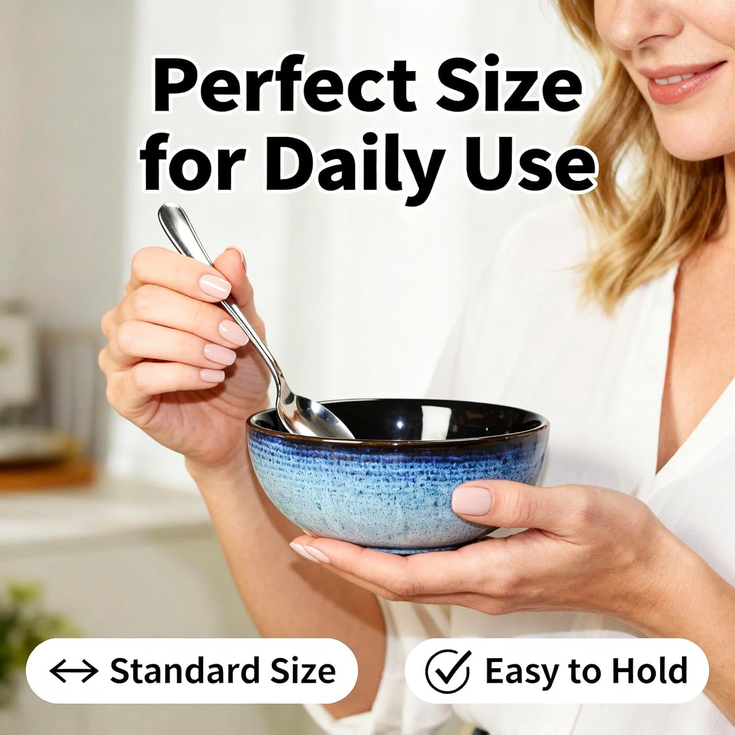 13.6 oz Ceramic Serving Bowls Set of 4, Microwave & Dishwasher Safe Soup Bowls, for Ramen, Cereal, Salad, Pasta, Rice, Oatmeal, Asian Cuisine & Kitchen Use, Blue, 5 Inch