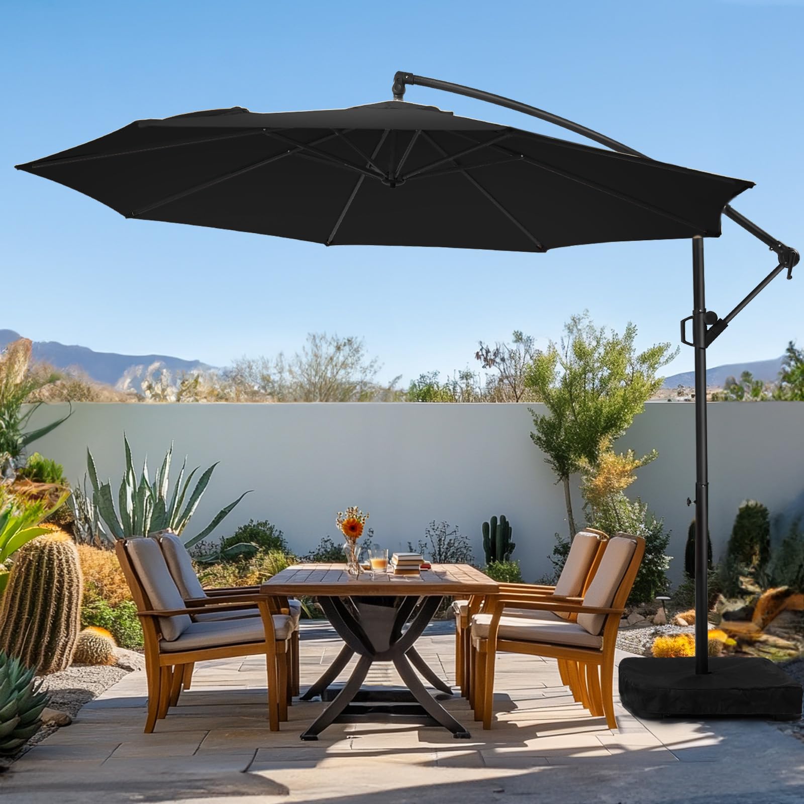 wikiwiki 10ft patio umbrella with base included, outdoor offset cantilever umbrella, infinite tilt, crank and cross base, black