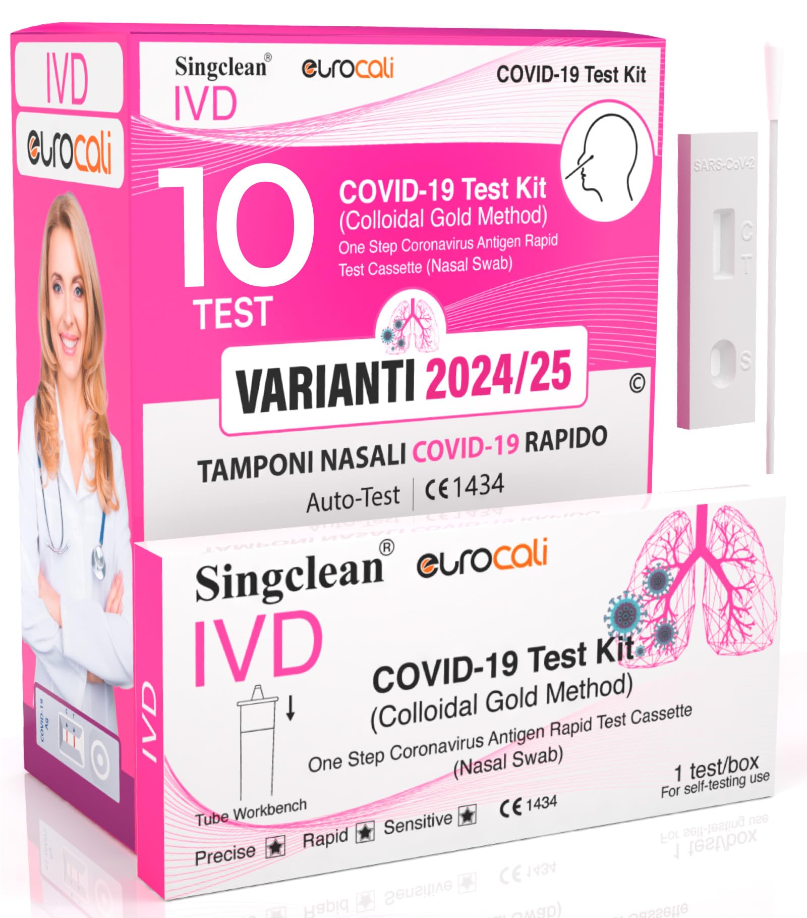 10x Tamponi COVID 19 - Test Nuove Varianti 2025 - Tamponi Rapidi Nasali Certificati per Uso Domestico, Risultato Rapido - Singclean IVD