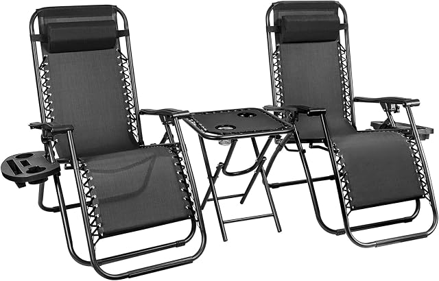 Flamaker Zero Gravity Chairs 3pcs, Heavy Duty Textoline Outdoor Sunloungers Reclining Garden Chairs Folding Chairs with Cup Holder and Headrest Pillow (Black)