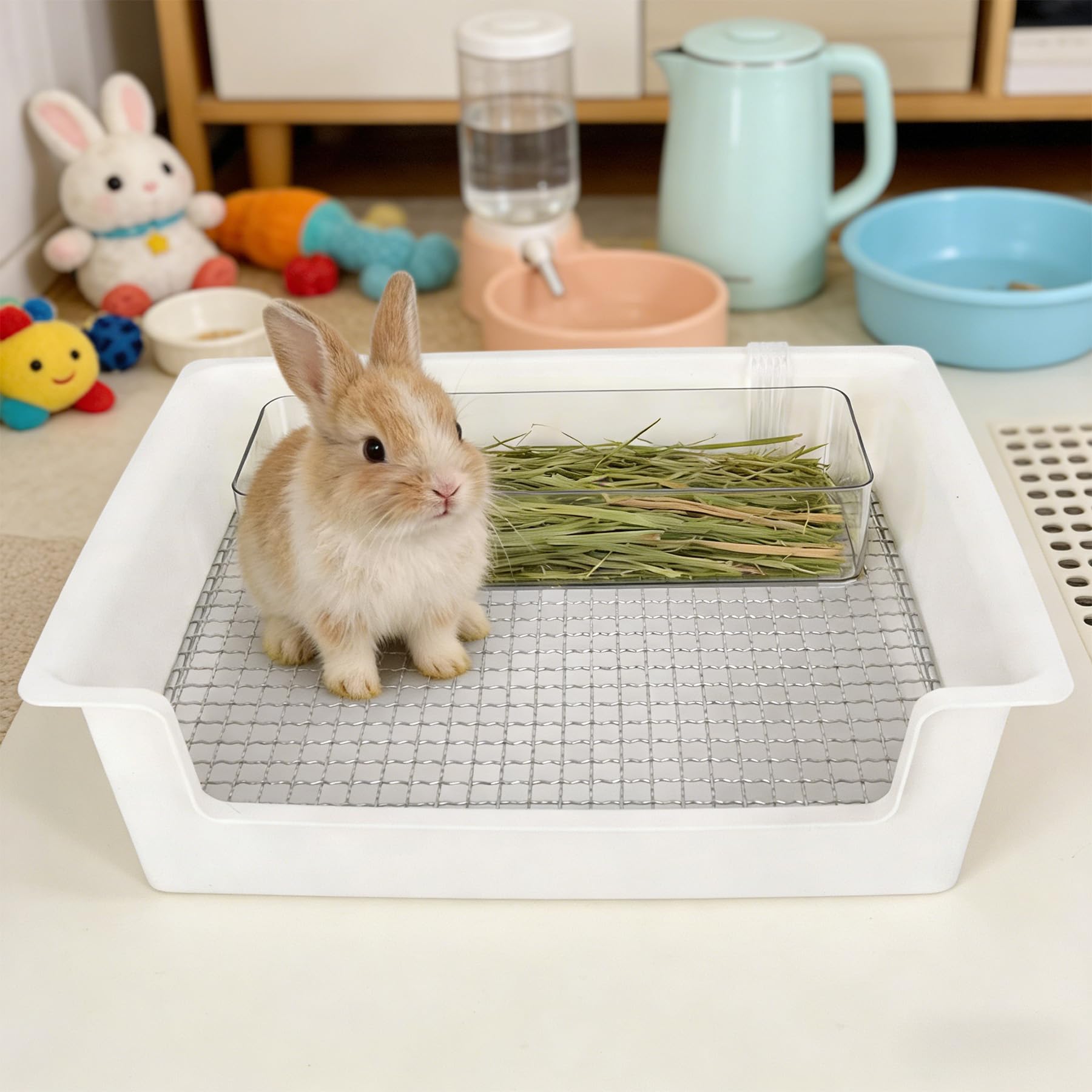 Dmnnlp Stainless Steel Gird Rabbit Litter Box, Low Entry Bunny Litter Pan with Hay Feeder & Broom, Corner Potty Tray for Small Animals Rabbits Guinea Pigs Ferrets, 15.4x11.2x4.8 inch (White) - image 7